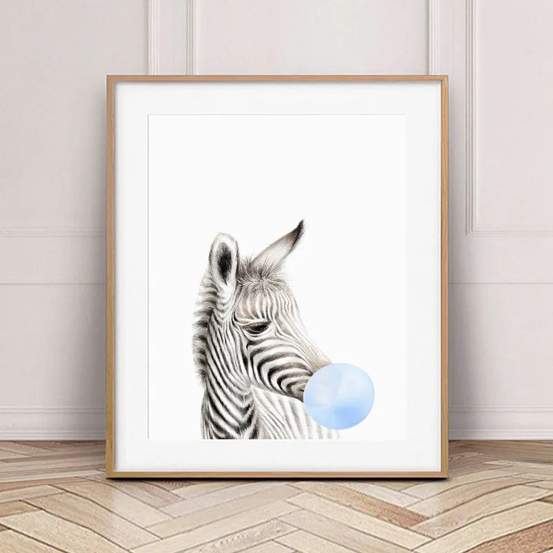 6pcs Whimsical Animal Posters: Adorable Blue Bubble Gum Wall Decors for Baby and Kids' Rooms
