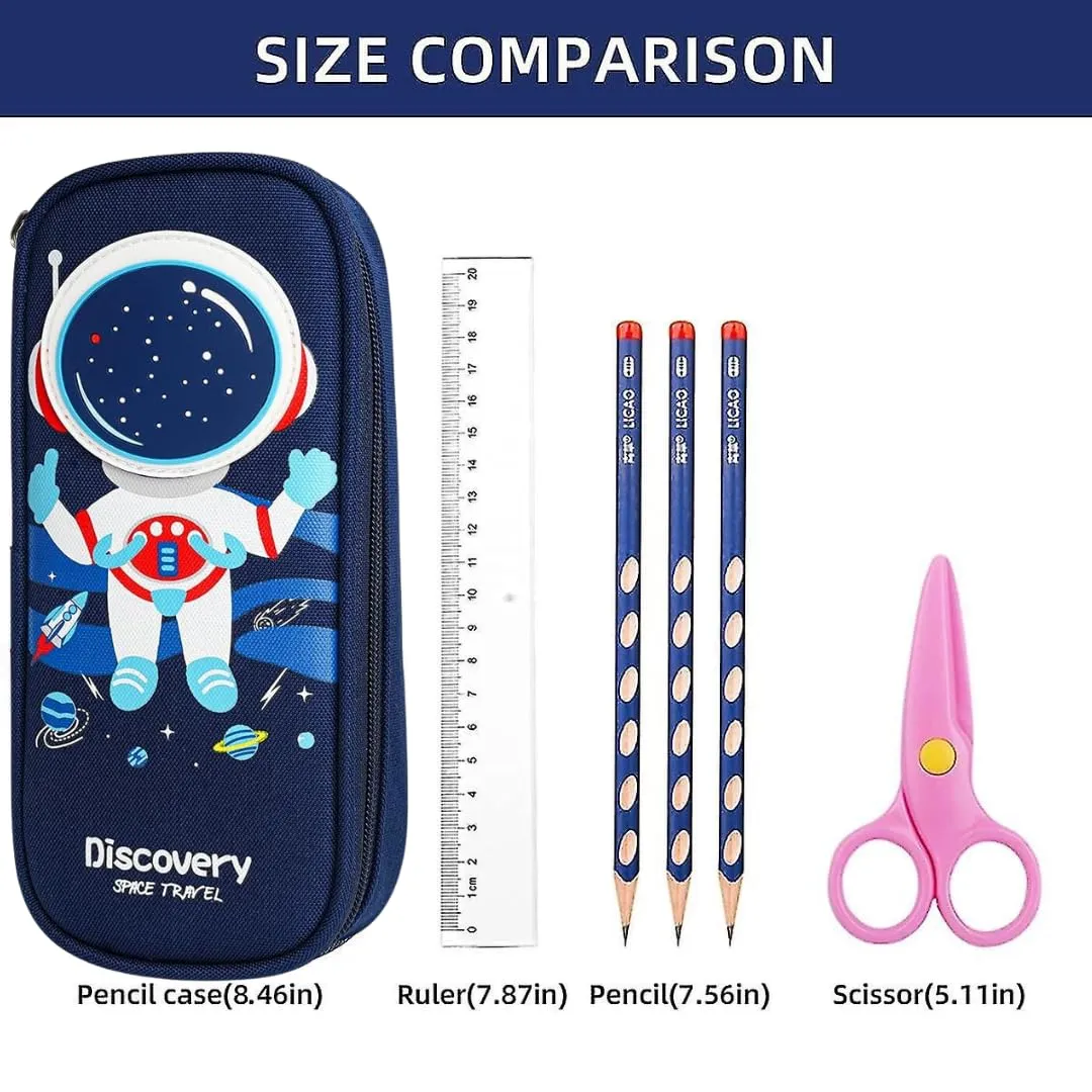 Aara Internationals Cute 3D Space Pencil Case for Kids, Big Capacity Canvas Pencil Pouch with Zipper, Waterproof & Durable Large Storage Pencil case for Boys and Girl