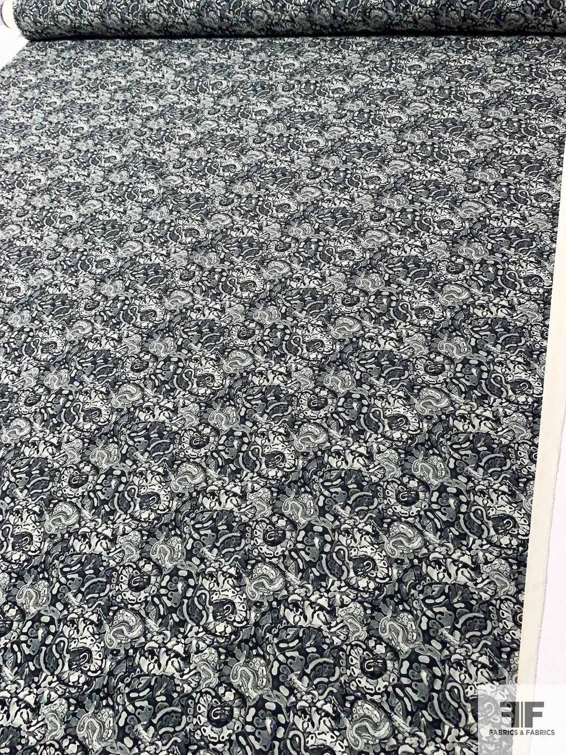 Abstract Printed Polyester Crepe-Twill with Mechanical Stretch - Greys / Black