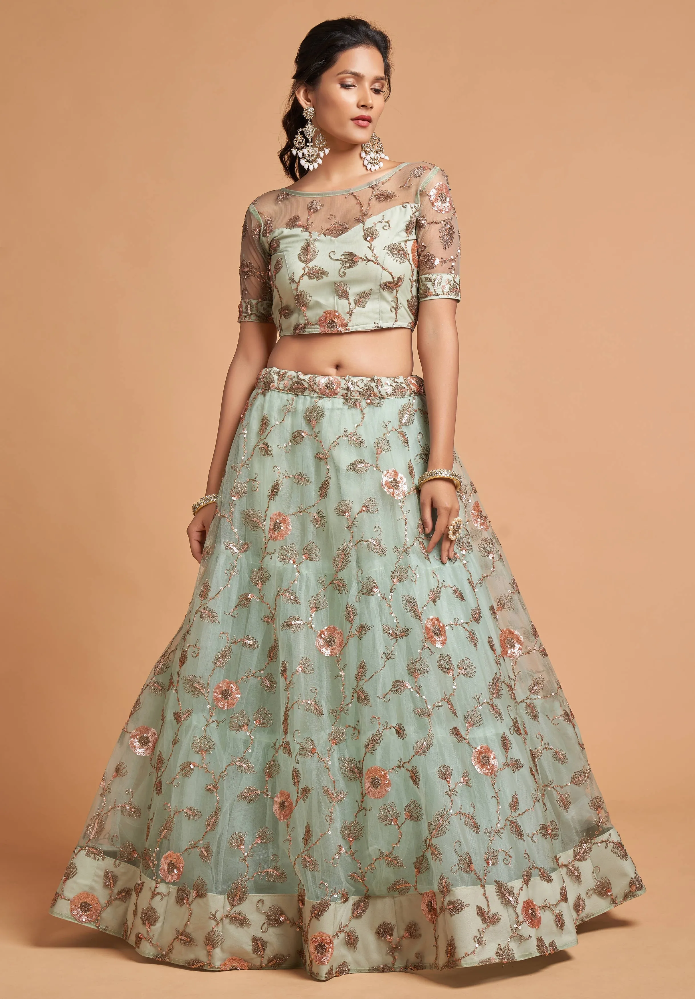 Alluring Sky Blue Thread Embroidery Party Wear Net Lehenga Choli