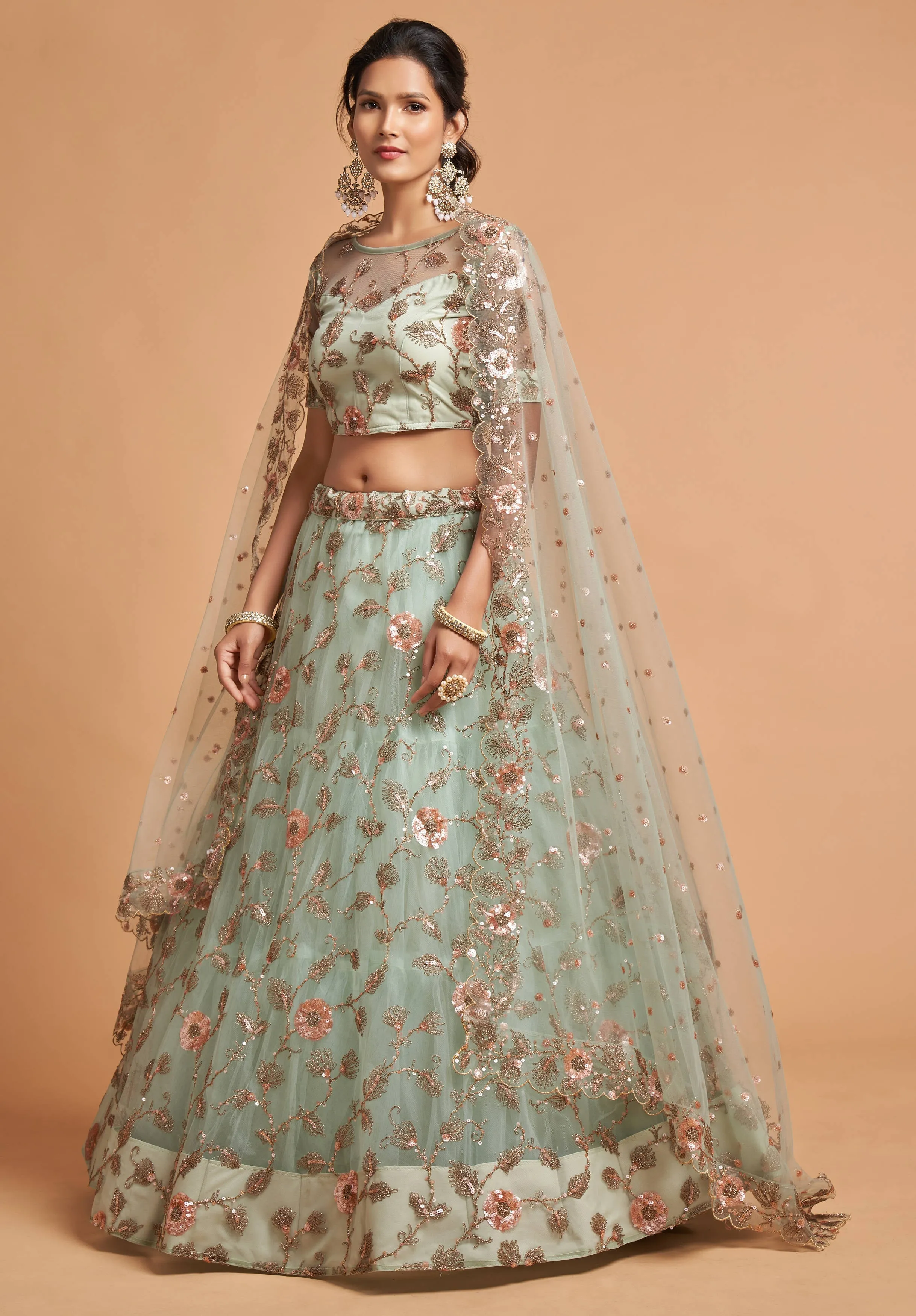 Alluring Sky Blue Thread Embroidery Party Wear Net Lehenga Choli