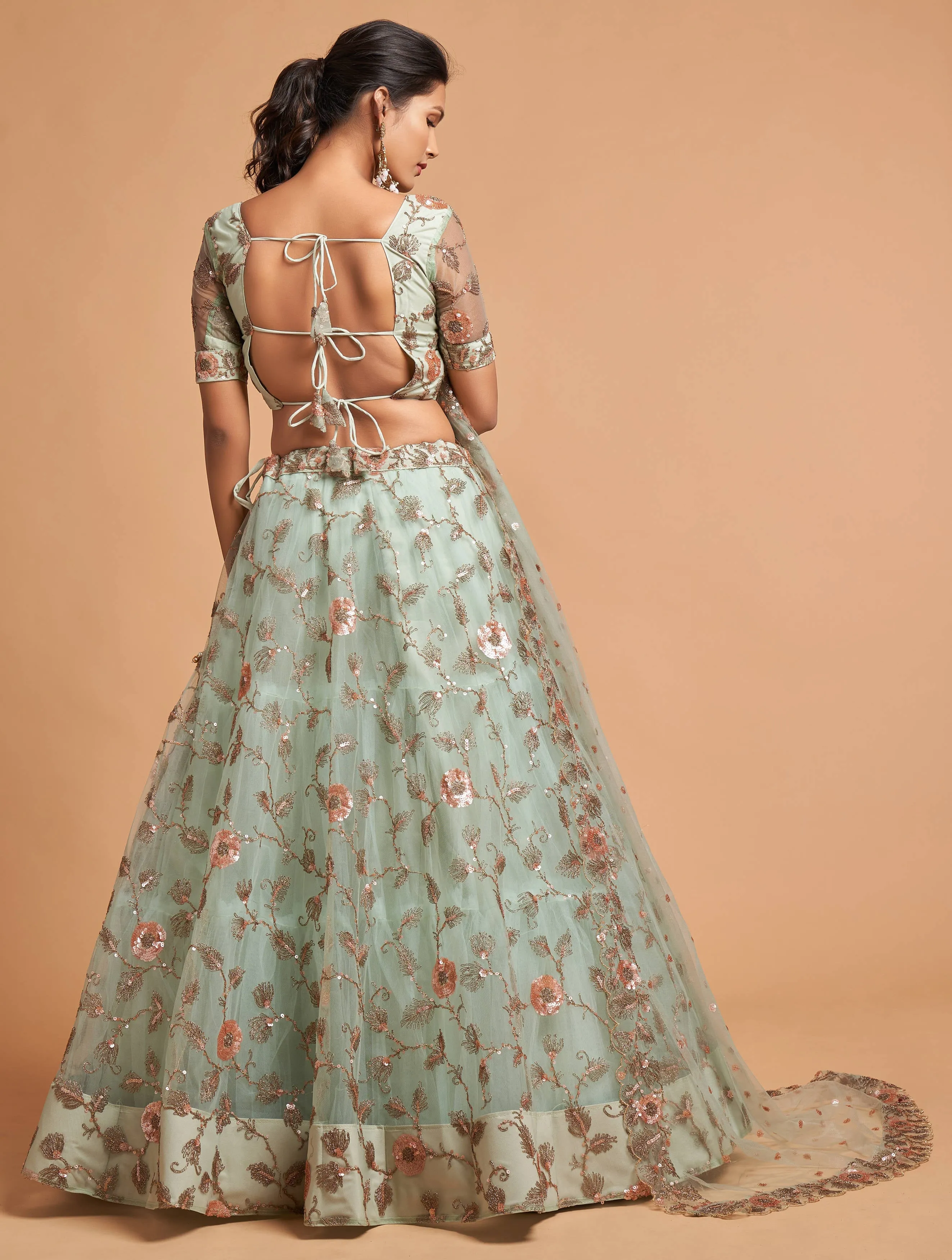 Alluring Sky Blue Thread Embroidery Party Wear Net Lehenga Choli