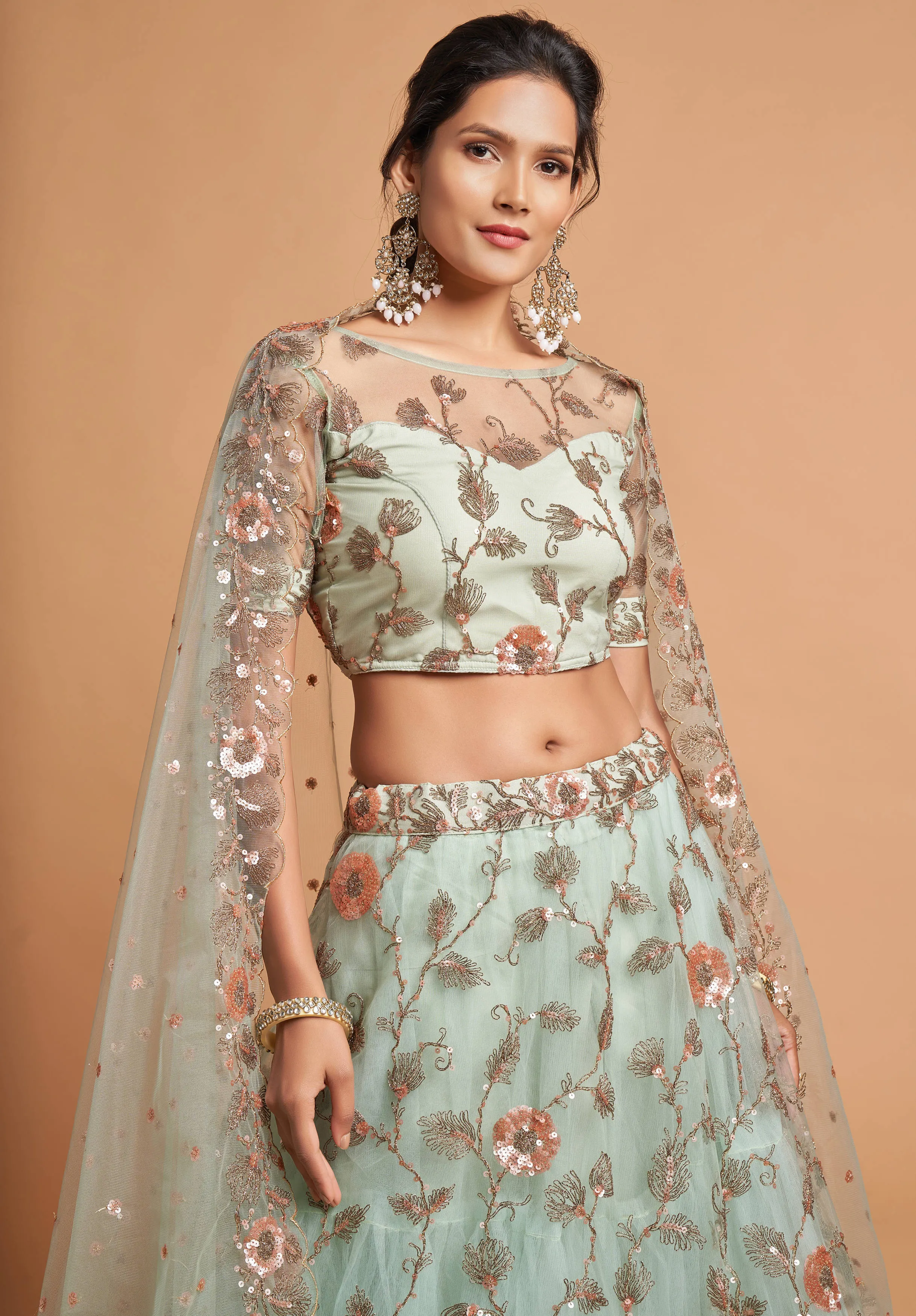 Alluring Sky Blue Thread Embroidery Party Wear Net Lehenga Choli