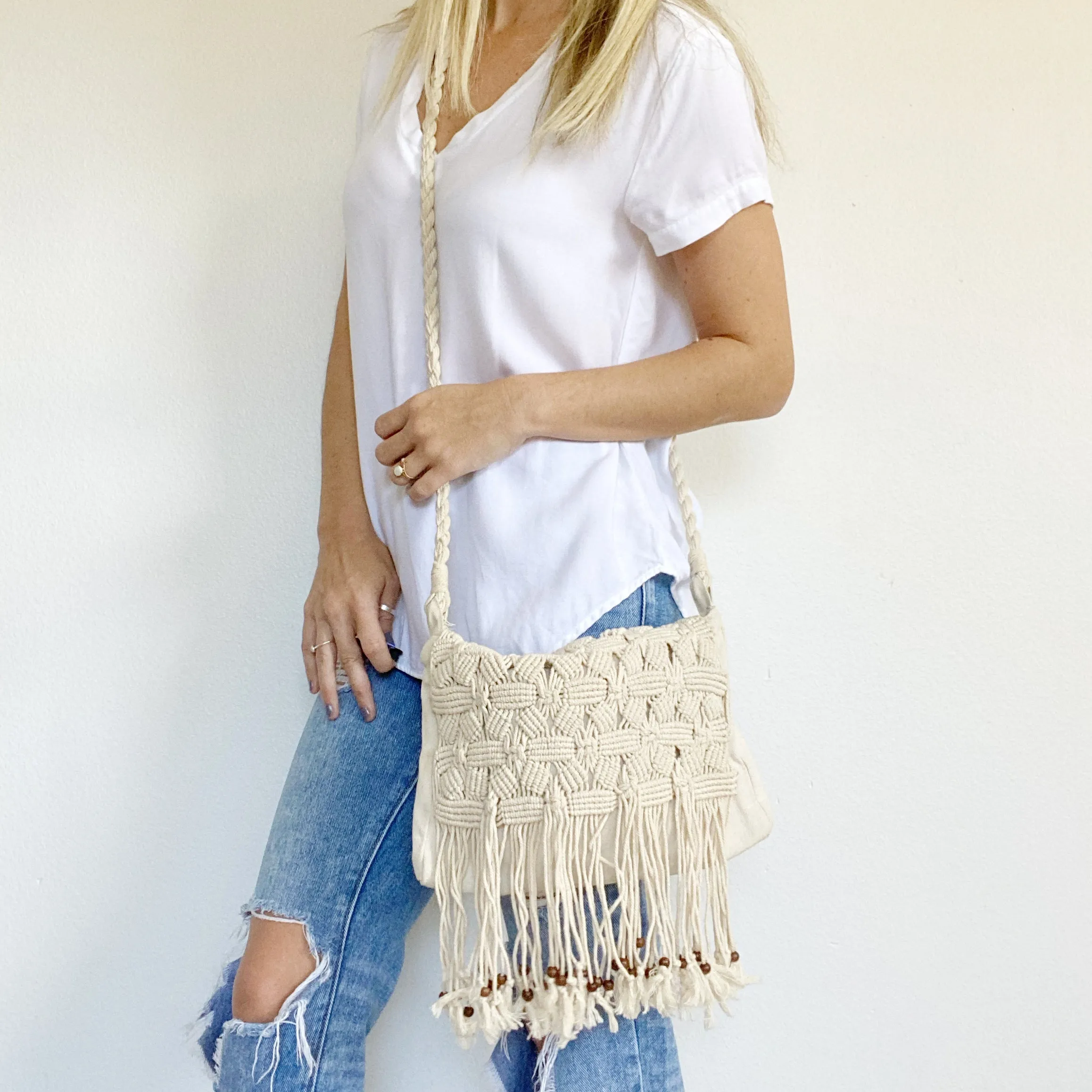 American Eagle Boho Fringe Braided Crossbody Bag