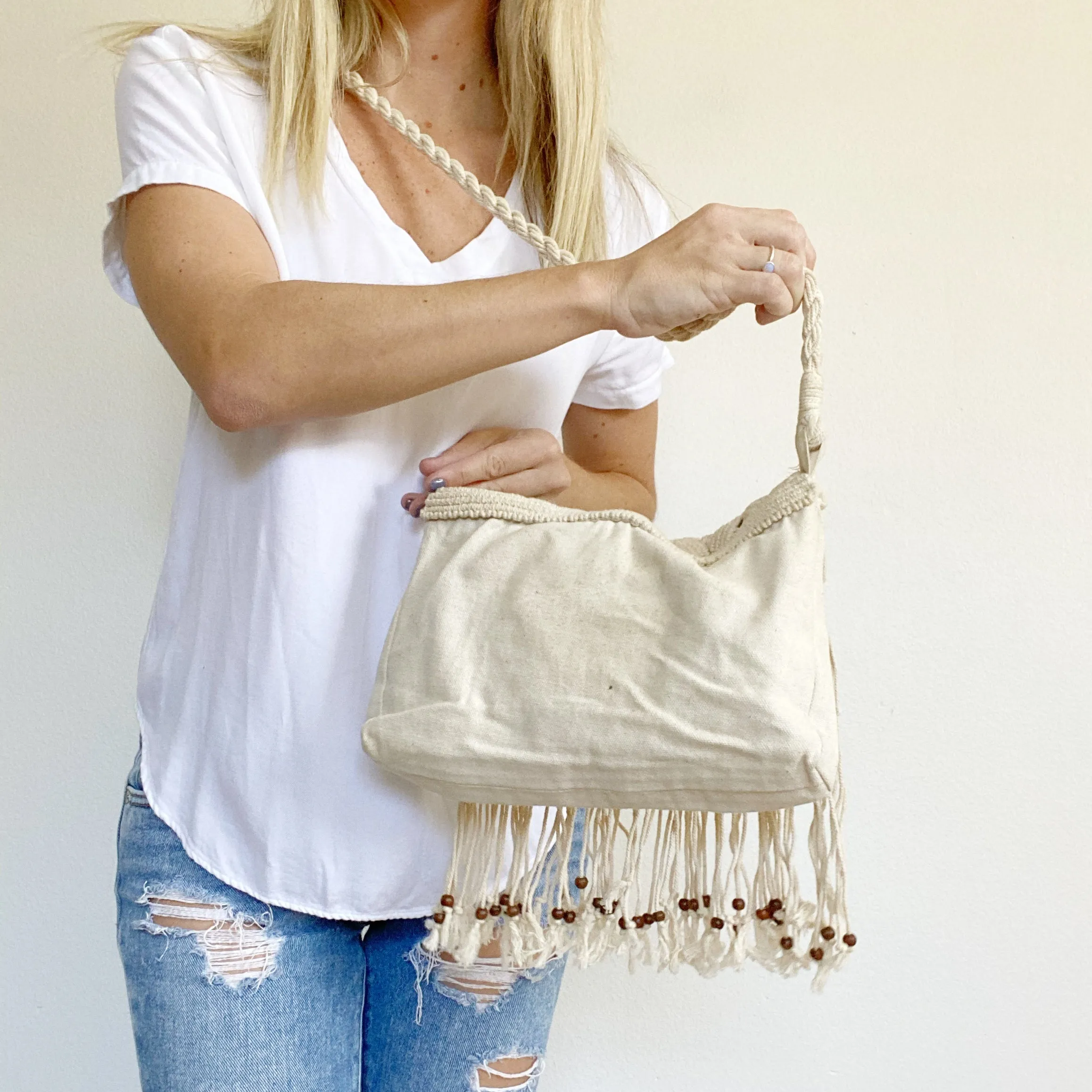 American Eagle Boho Fringe Braided Crossbody Bag