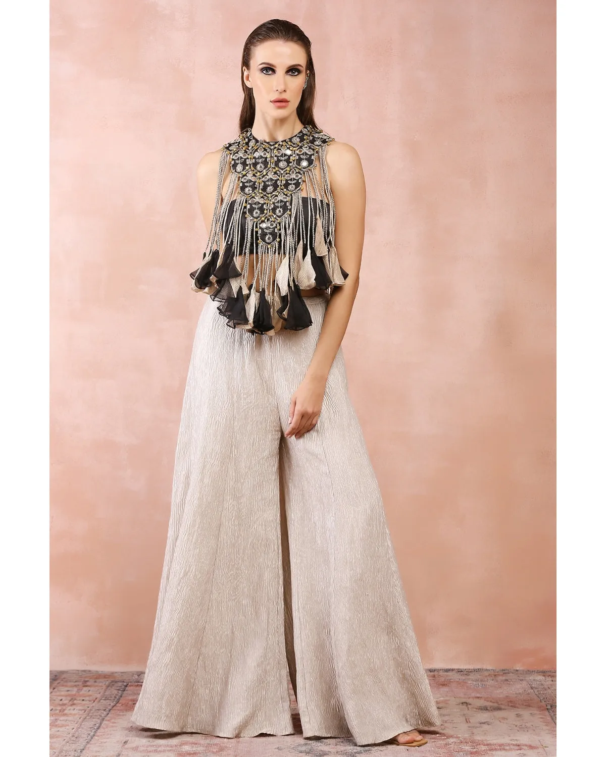 Black And Dull Gold Sharara Set