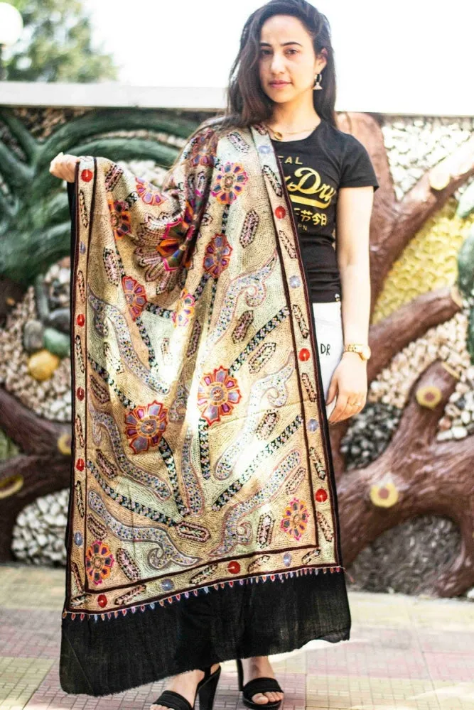 Black Colour Stole With Kashmiri  Embroidery Compliments The Wearer For Owning A Unique Accessory.