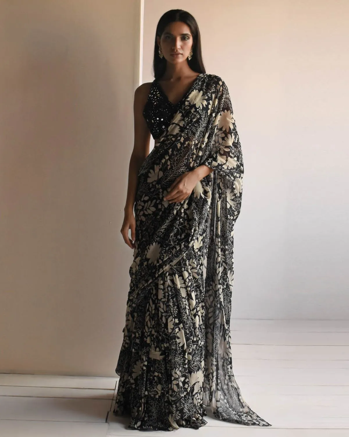 Black Garden Printed Ruffle Sari Set