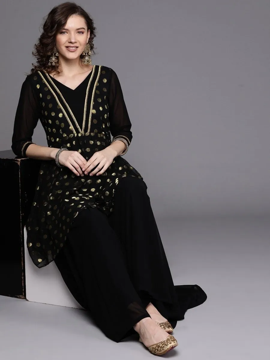 Black Zari Woven Polka dot Kurta with Layered Sharara