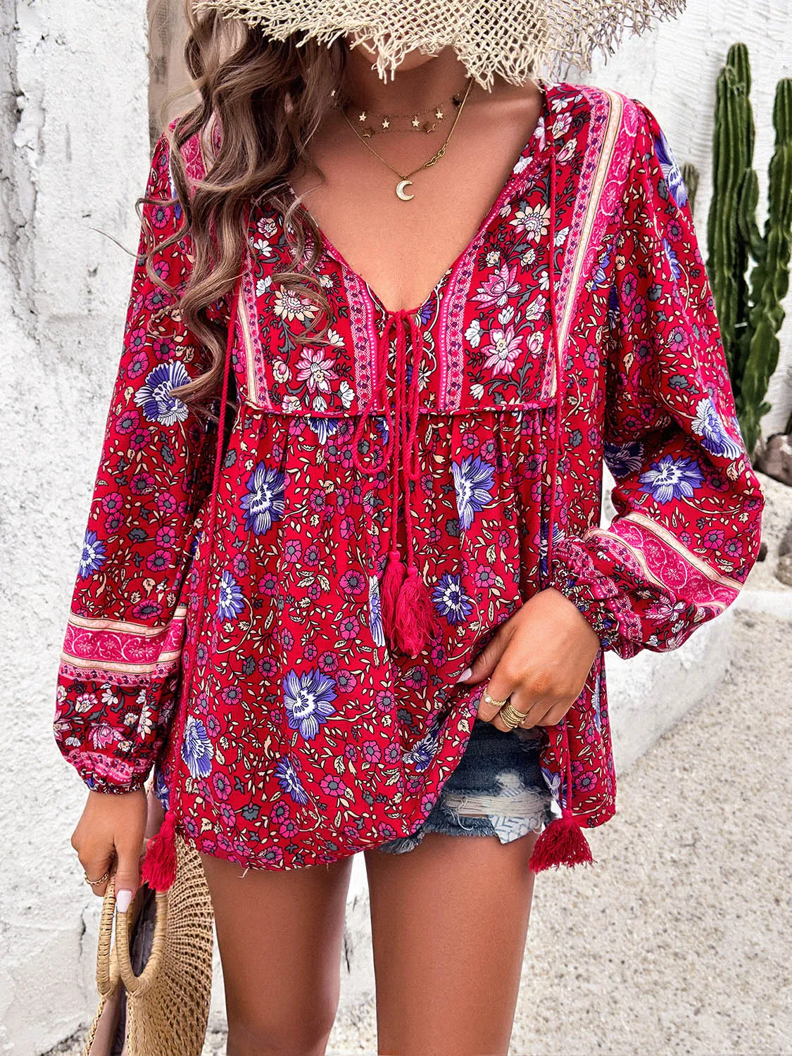 Boho Casual Loose Fit Shirt Printed Tie Neck Long Sleeve Blouse