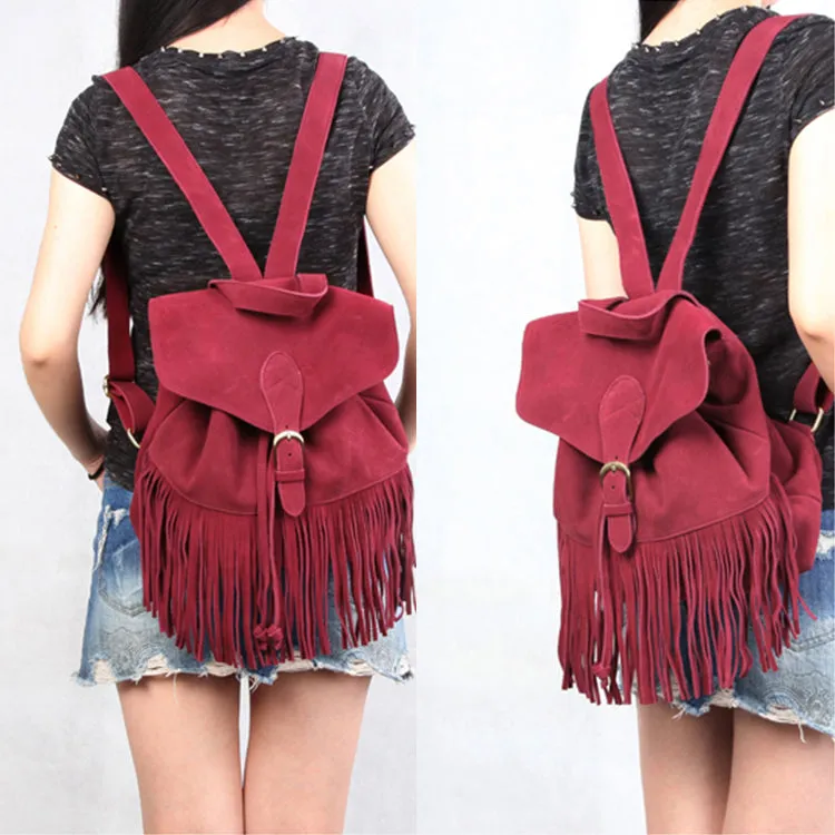 Boho Womens Leather Fringe Backpack Purse Hippie Backpack Bags for Women