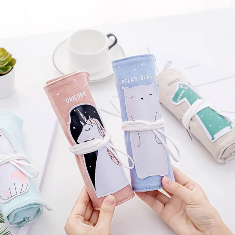 Cute Canvas Roll Up Pencil Case with Pencil Pouch