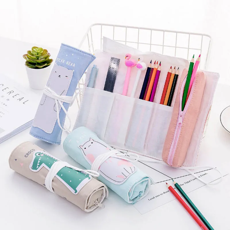 Cute Canvas Roll Up Pencil Case with Pencil Pouch
