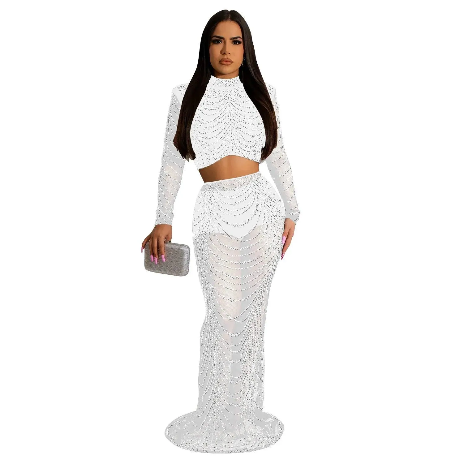 Elegant Rhinestone Mesh Maxi Dress: Glamorous Women's Clubwear