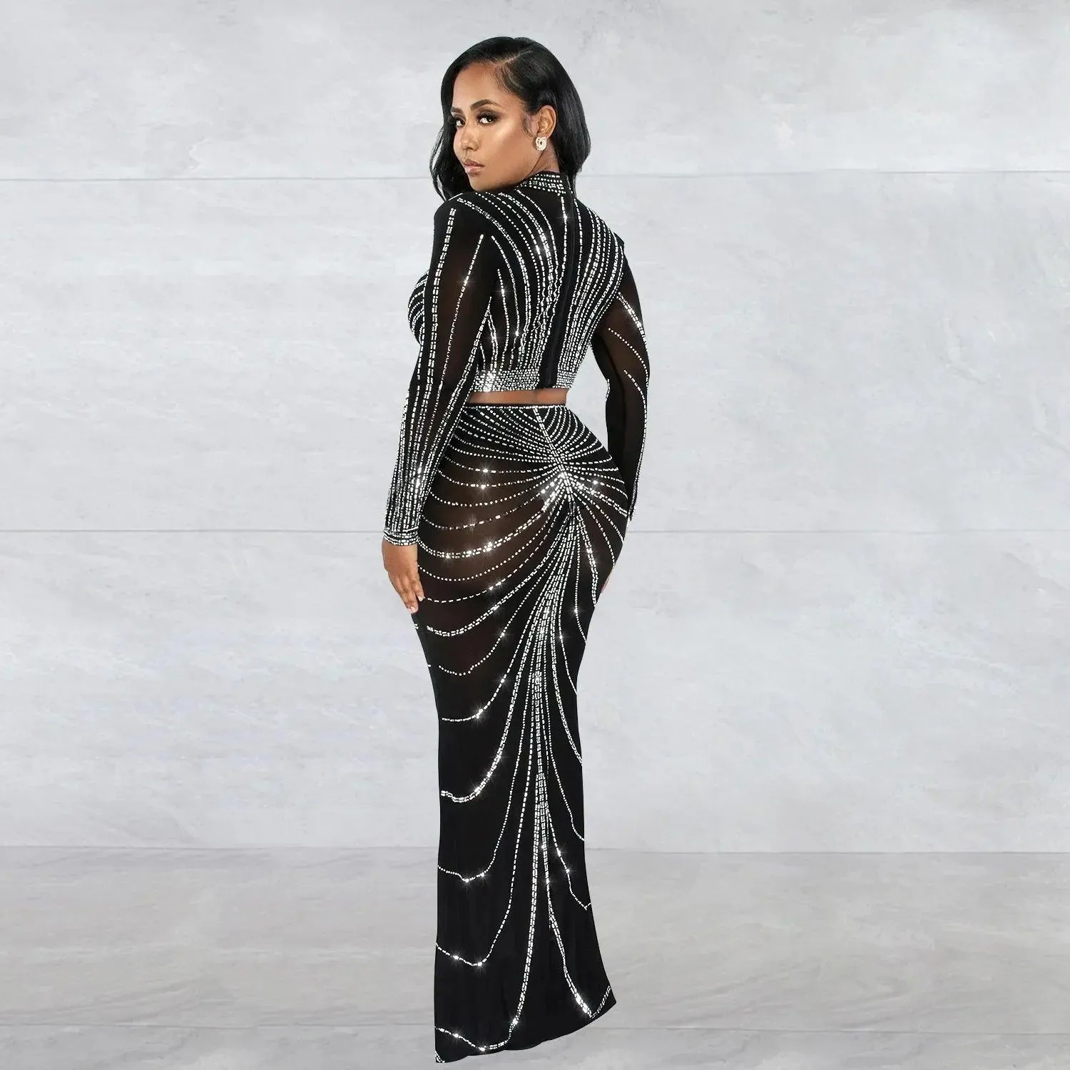 Elegant Rhinestone Mesh Maxi Dress: Glamorous Women's Clubwear