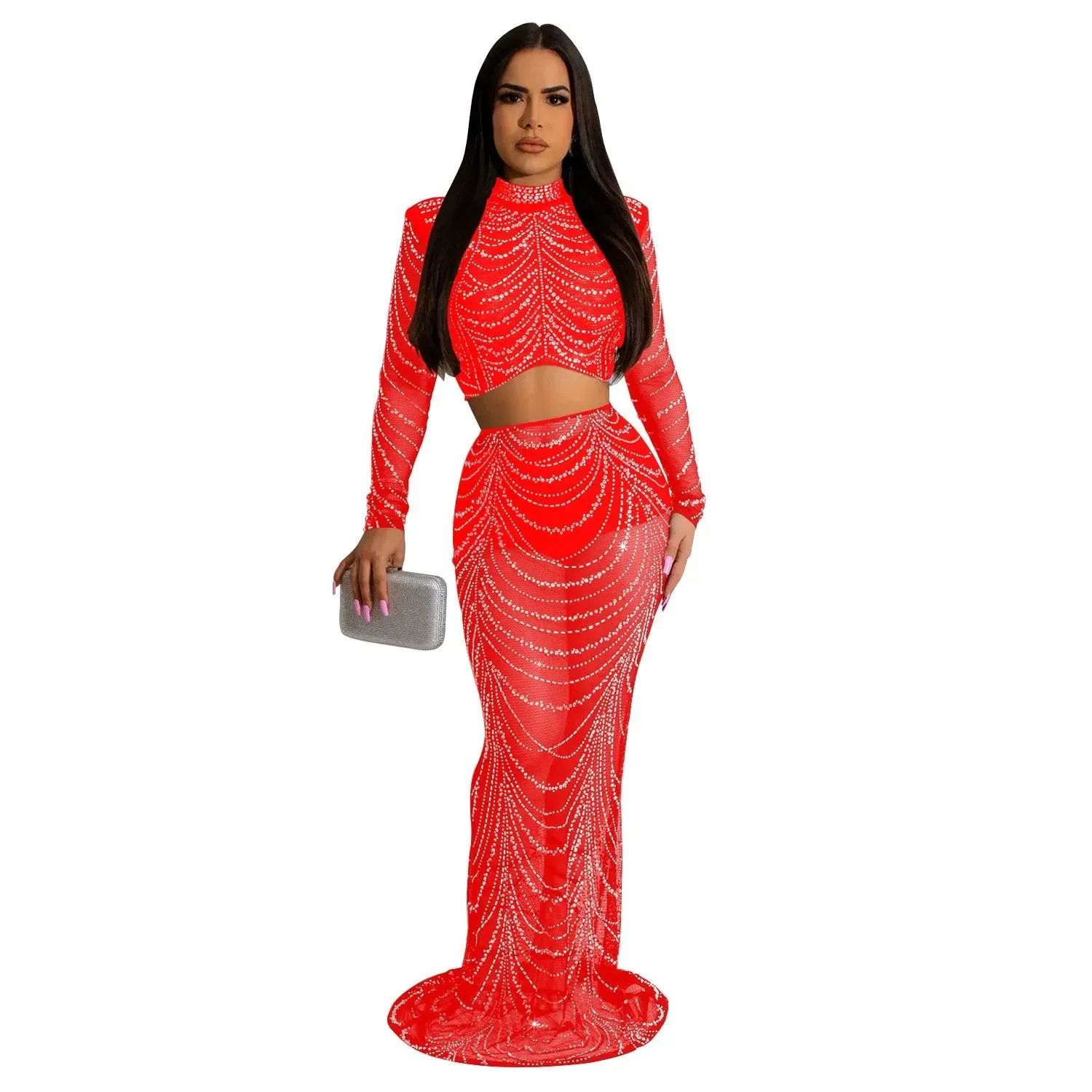 Elegant Rhinestone Mesh Maxi Dress: Glamorous Women's Clubwear