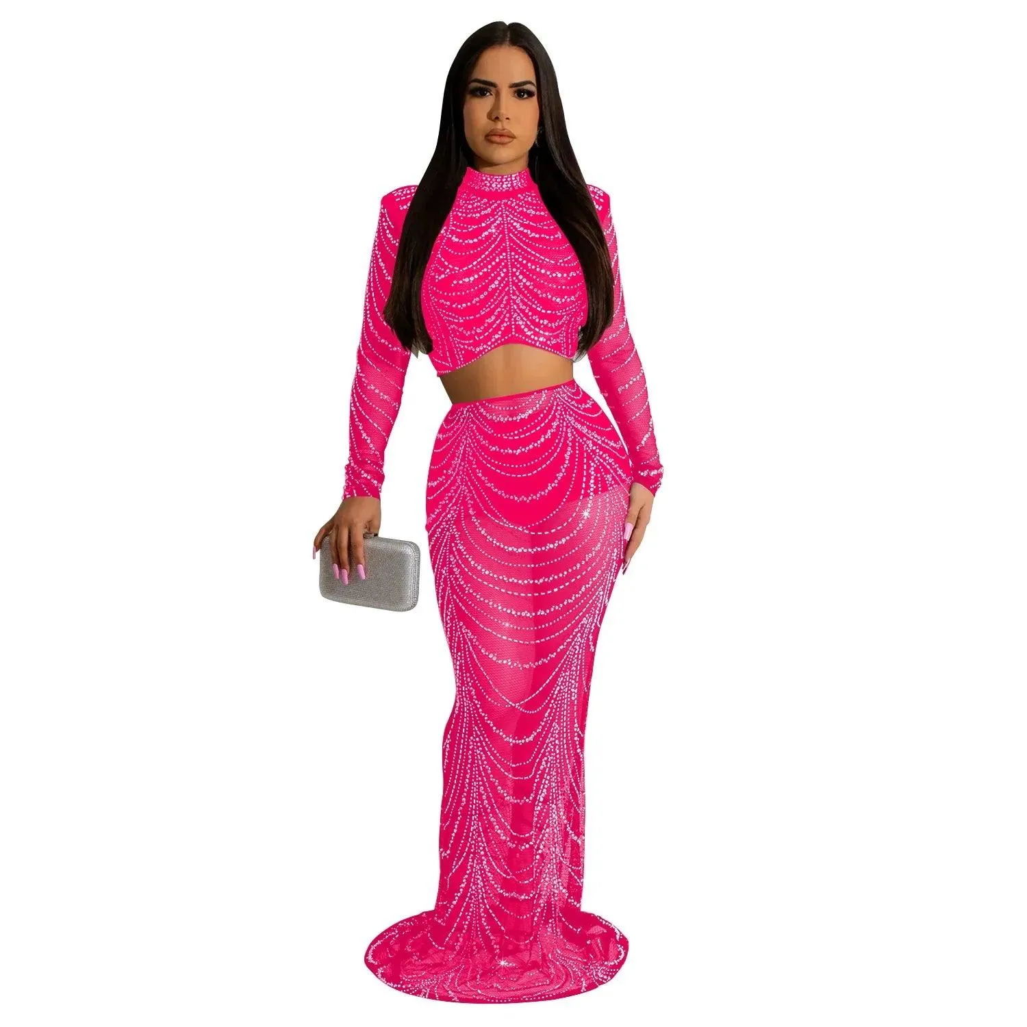 Elegant Rhinestone Mesh Maxi Dress: Glamorous Women's Clubwear