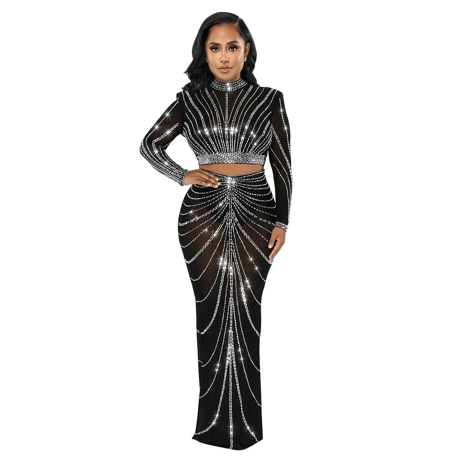 Elegant Rhinestone Mesh Maxi Dress: Glamorous Women's Clubwear