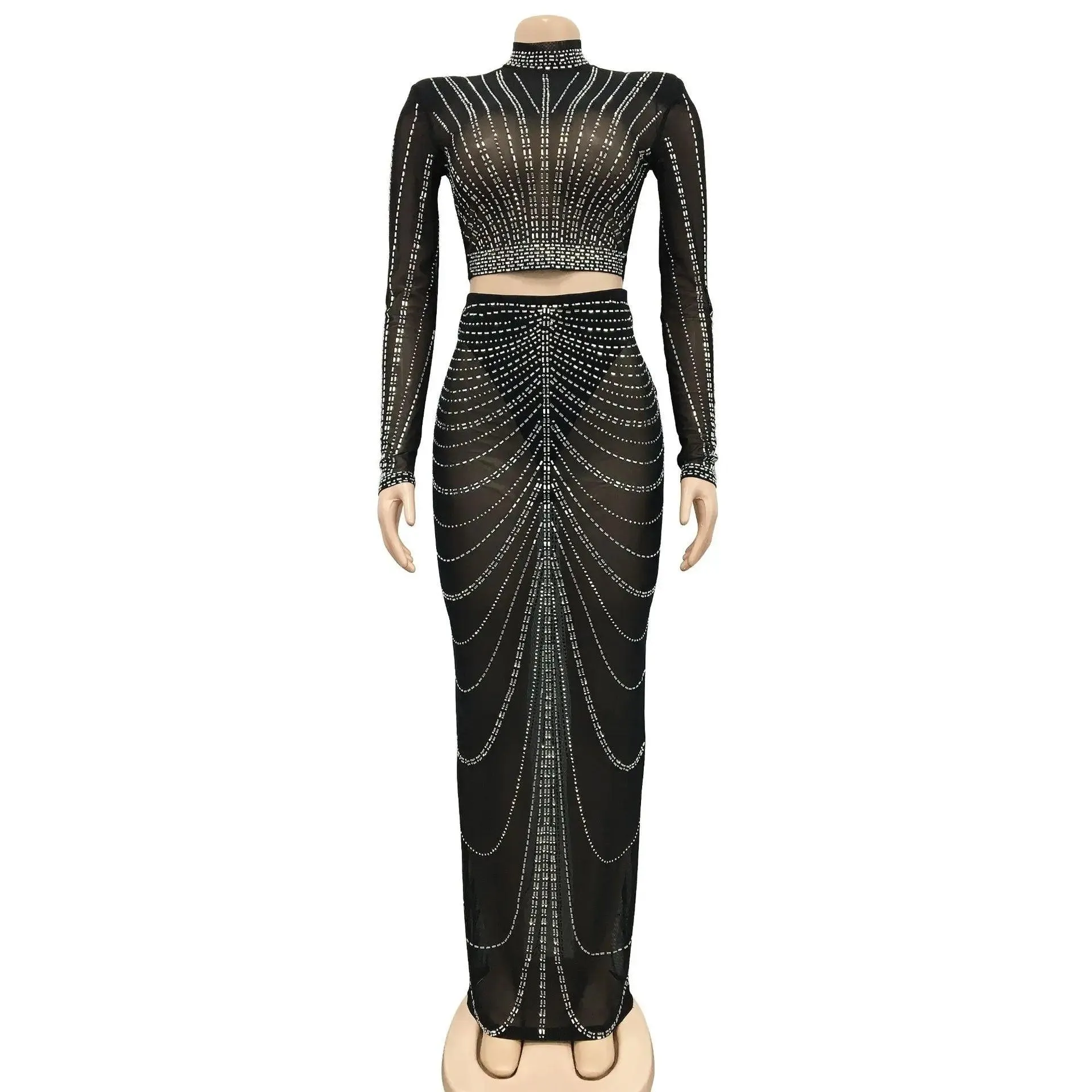 Elegant Rhinestone Mesh Maxi Dress: Glamorous Women's Clubwear