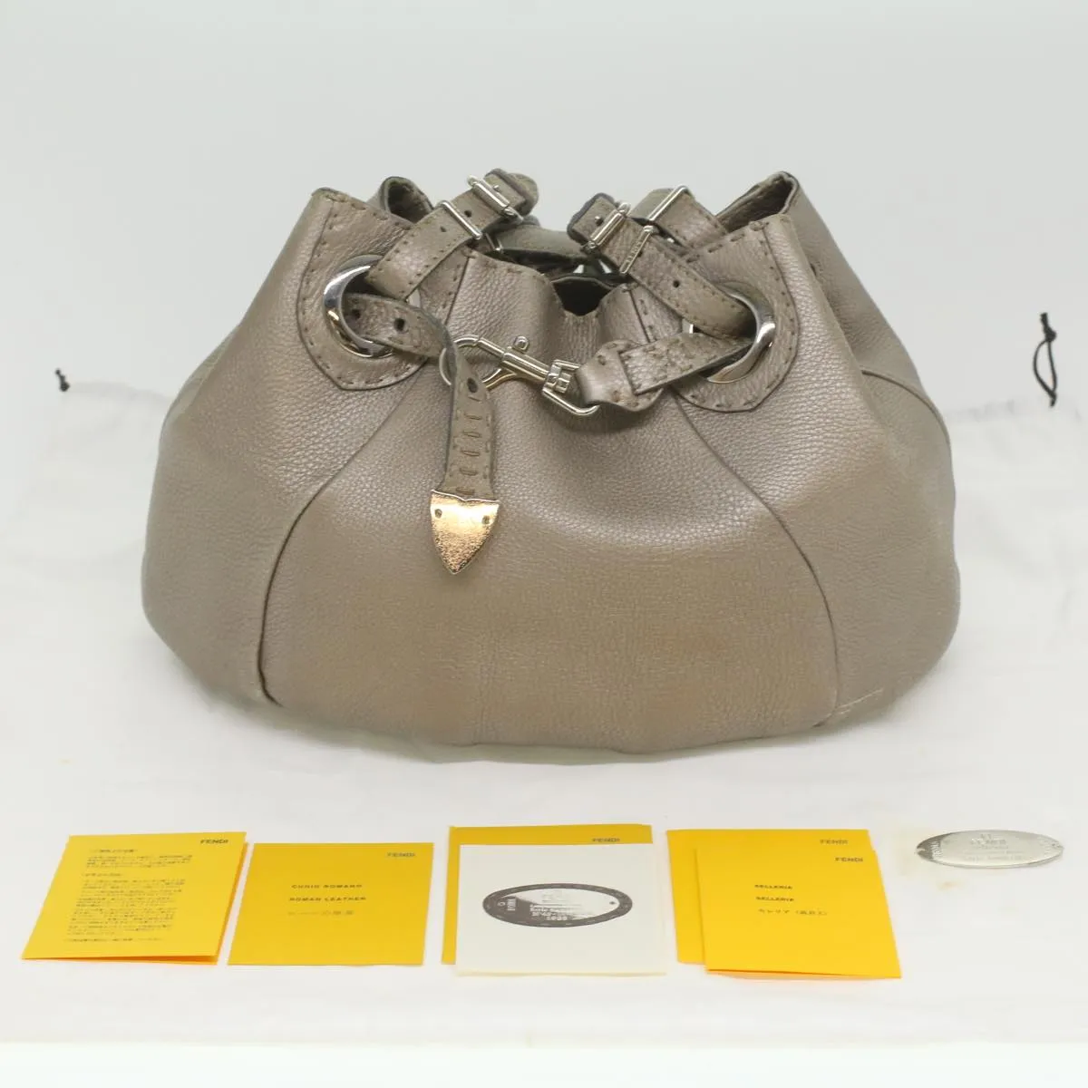 FENDI Celeria Tote Bag Leather Silver Auth ar8876