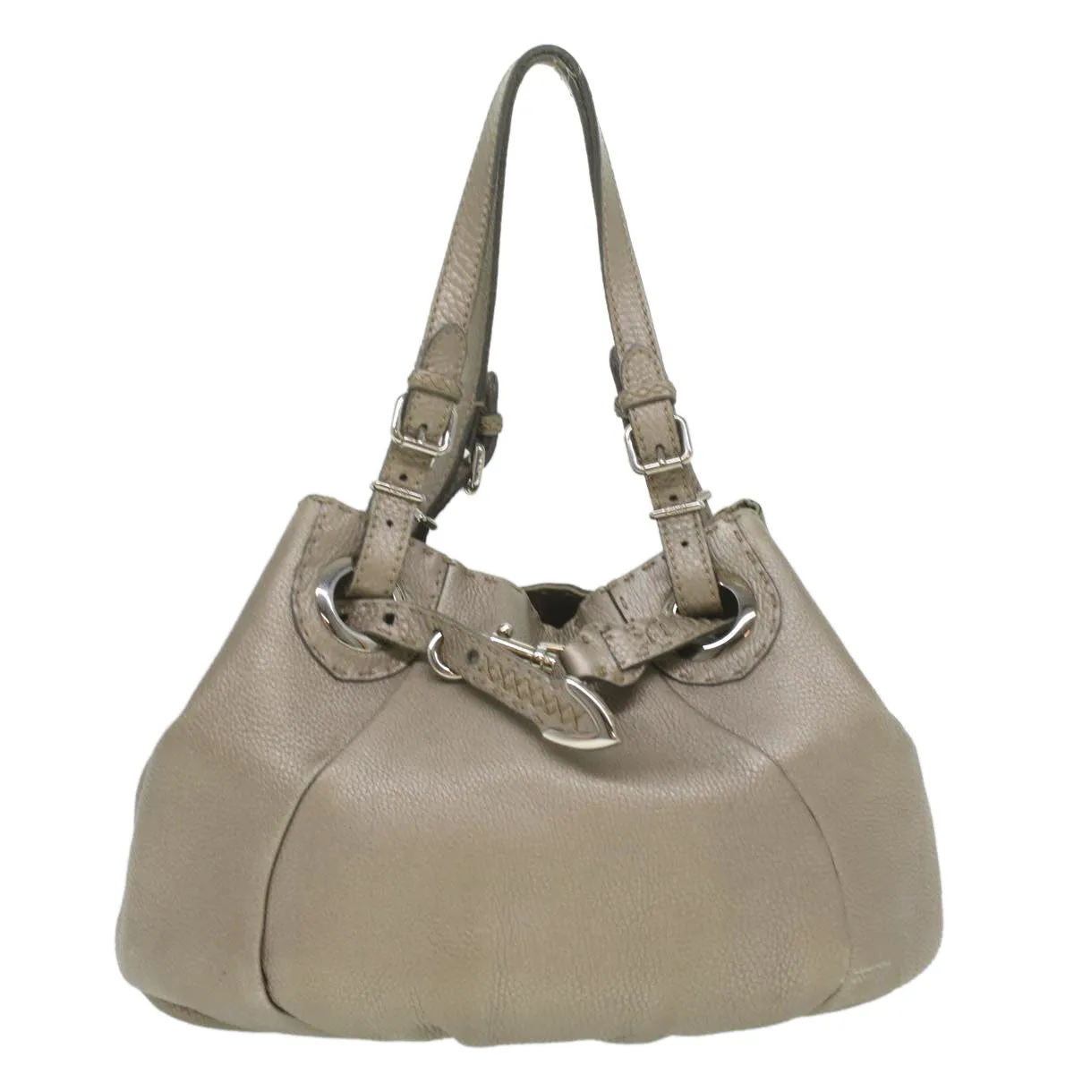 FENDI Celeria Tote Bag Leather Silver Auth ar8876