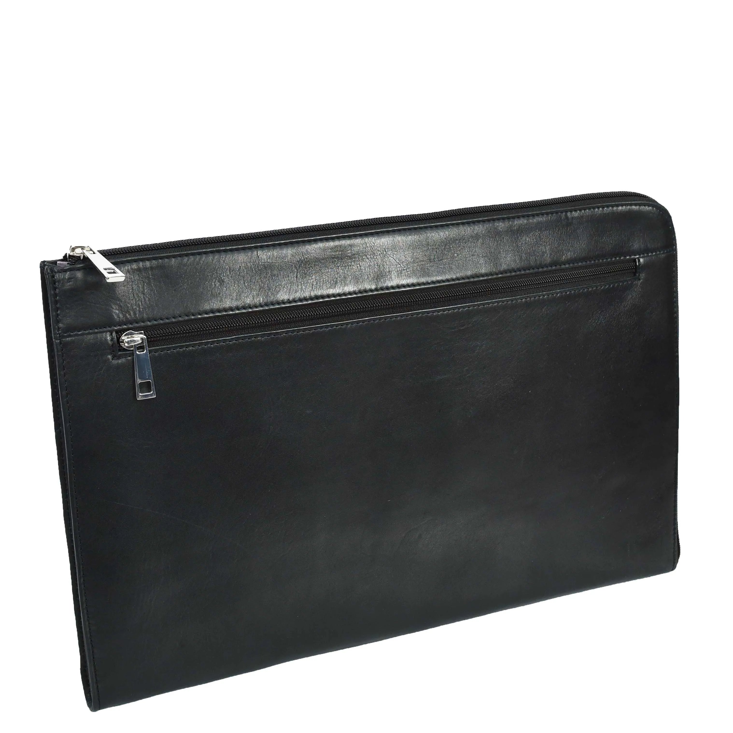 Genuine Black Leather Folio Bag Zip Around Clutch Document Holder Office Bag Agent