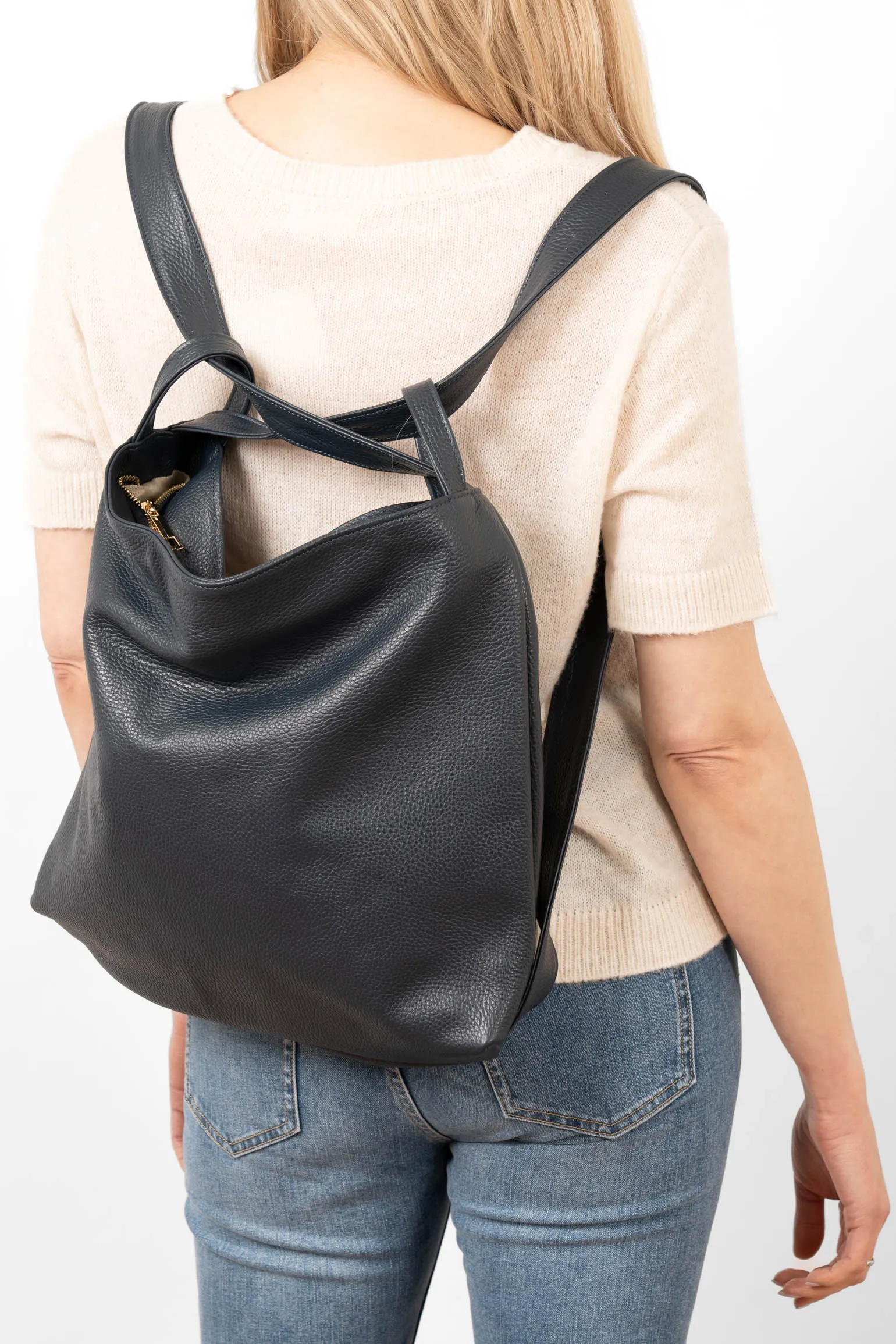Giovanna Italian Leather 2 In 1 Backpack Tote Bag - Navy Blue, Pebbled