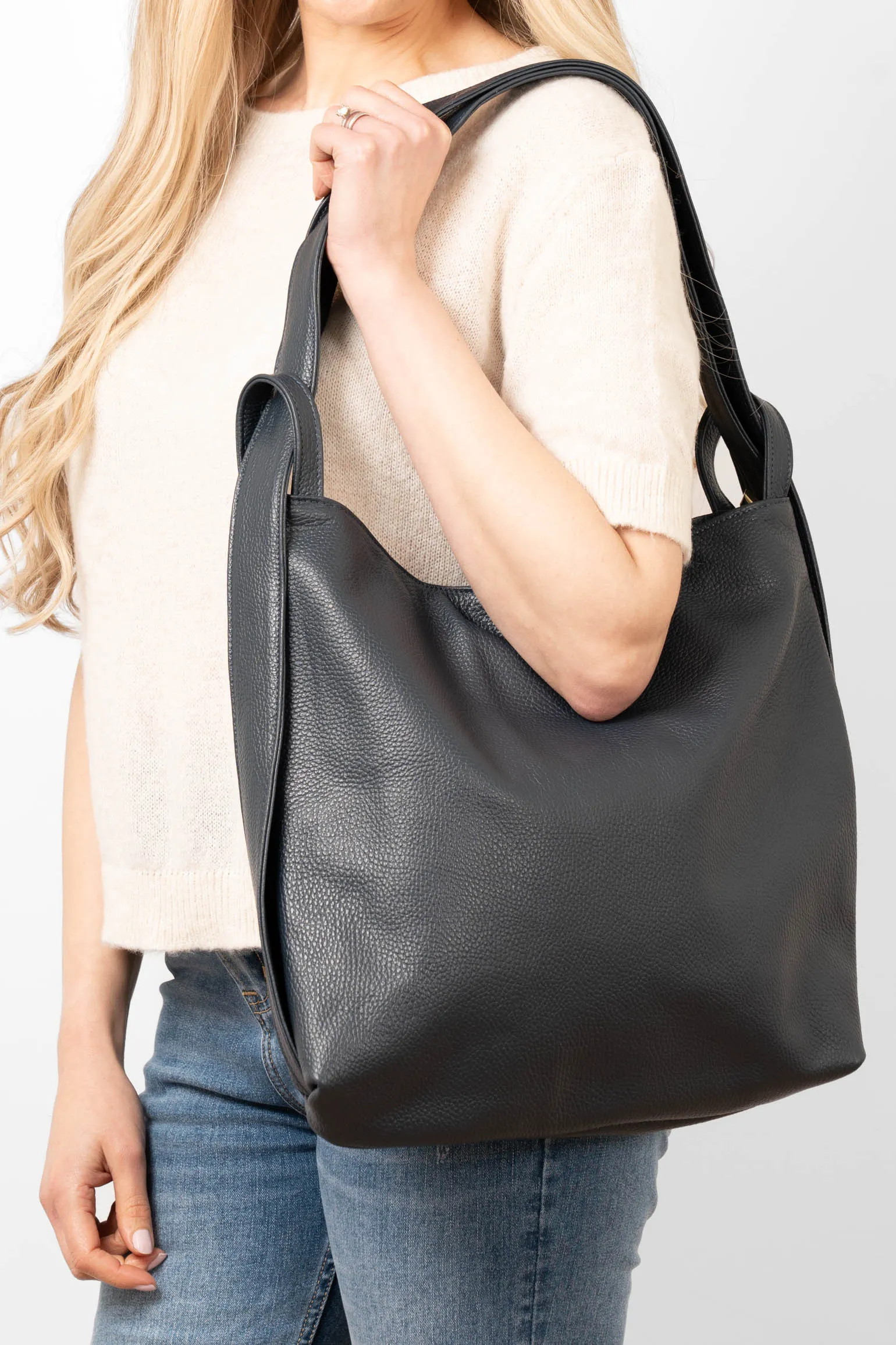 Giovanna Italian Leather 2 In 1 Backpack Tote Bag - Navy Blue, Pebbled