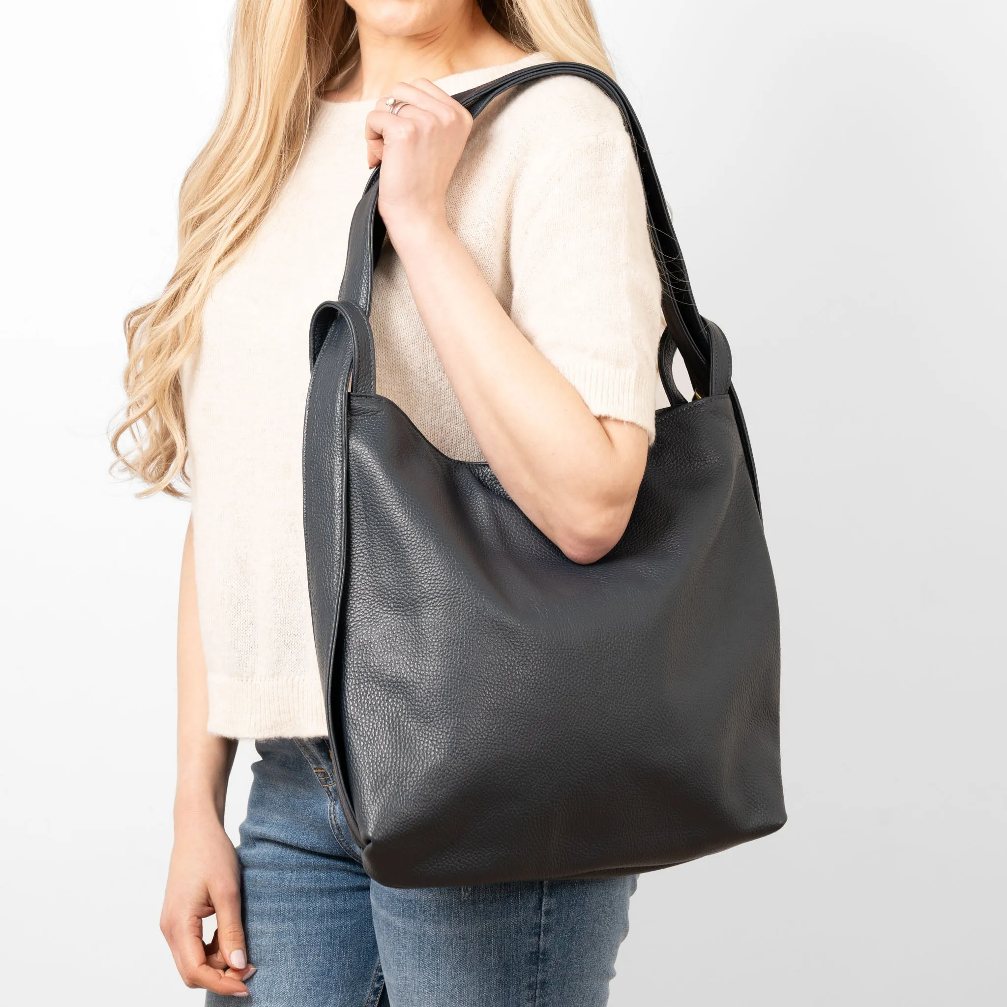 Giovanna Italian Leather 2 In 1 Backpack Tote Bag - Navy Blue, Pebbled