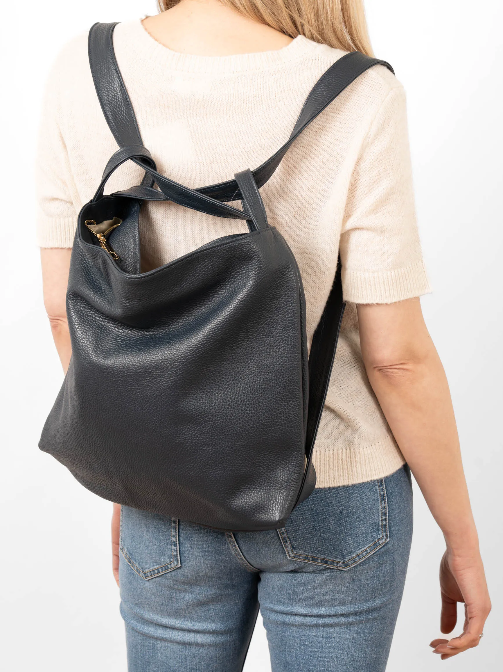 Giovanna Italian Leather 2 In 1 Backpack Tote Bag - Navy Blue, Pebbled