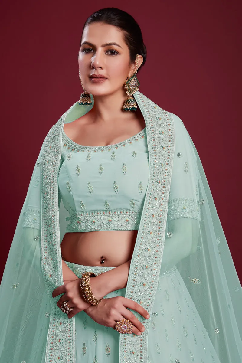 Glamorous Light Cyan Color Georgette Embroidered Lehenga Fo Wedding Functions