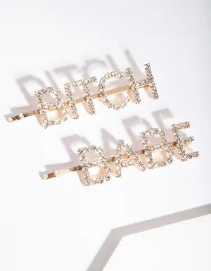 Gold Bitch Babe Diamante Hair Clip Pack