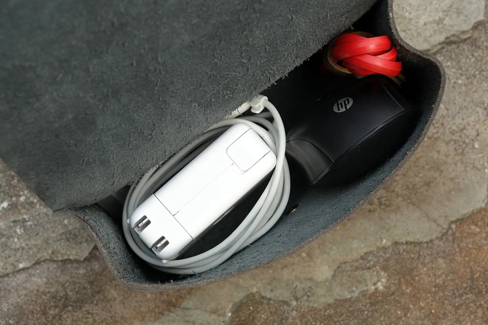 Gray distressed leather macbook charger bag / electronic cord organizer