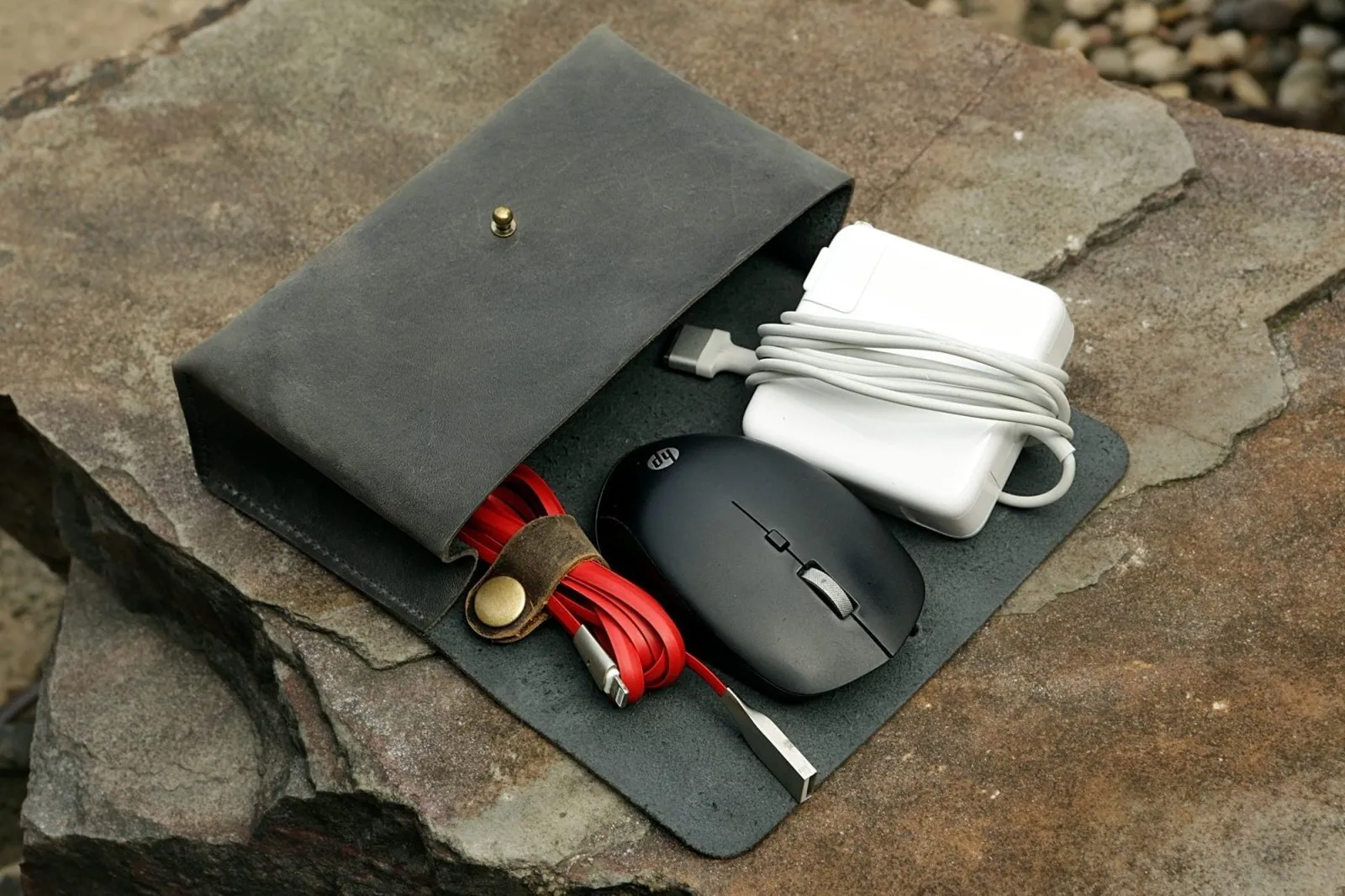 Gray distressed leather macbook charger bag / electronic cord organizer