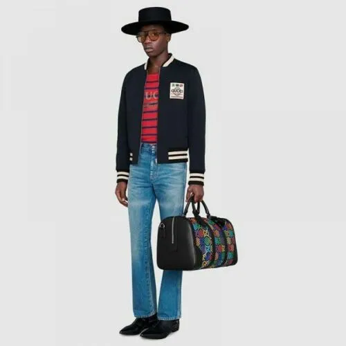Gucci Psychedelic Black Boston GG Large Leather Travel Luggage Duffle Bag New