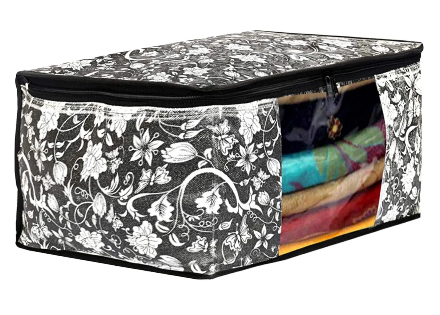 Heart Home Flower Design Non-woven Foldable Saree Cover/Clothes Storage Bag/Wardrobe Organizer With Transparent Window- Pack of 12 (Grey & Cream)-44HH0359