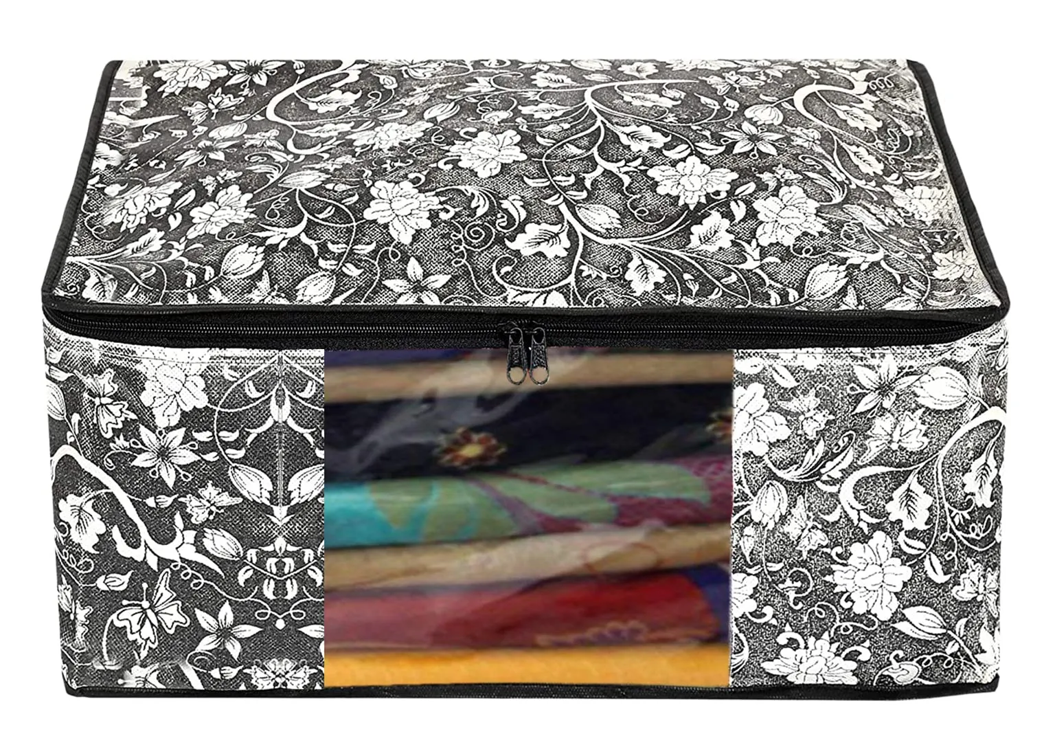 Heart Home Flower Design Non-woven Foldable Saree Cover/Clothes Storage Bag/Wardrobe Organizer With Transparent Window- Pack of 12 (Grey & Cream)-44HH0359