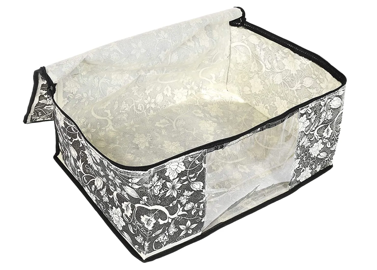 Heart Home Flower Design Non-woven Foldable Saree Cover/Clothes Storage Bag/Wardrobe Organizer With Transparent Window- Pack of 12 (Grey & Cream)-44HH0359