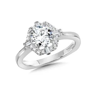 Hexagon-Shaped Halo Engagement Ring w/ Baguette Diamonds
