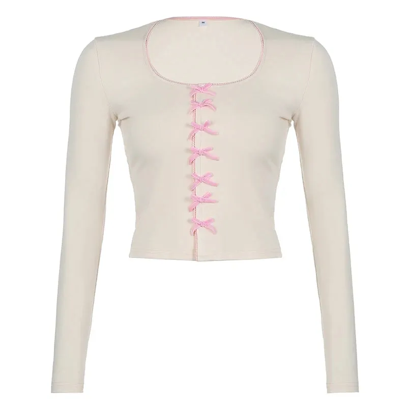 Hotsweet Spliced Female T-shirt Bow Kawaii Crop Tops Korean Fashion Coquette Clothes Girls Spring Tee Shirts Preppy