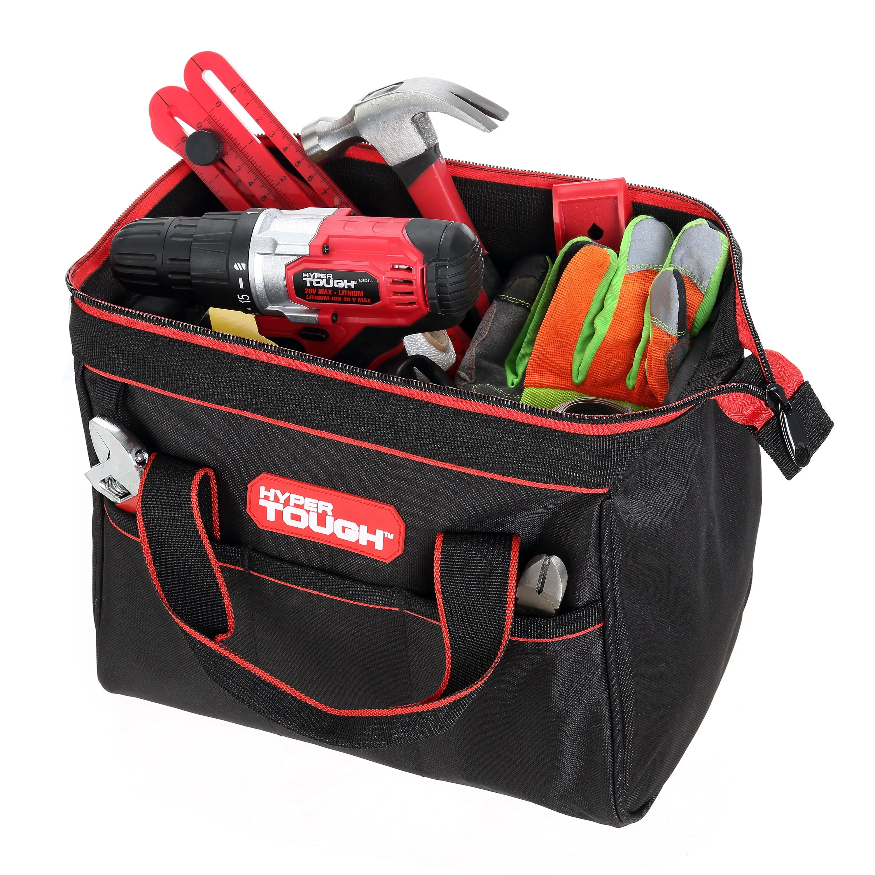 Hyper Tough 12-Inch Polyester Tool Bag, with Full-Length Zipper and Double Strap