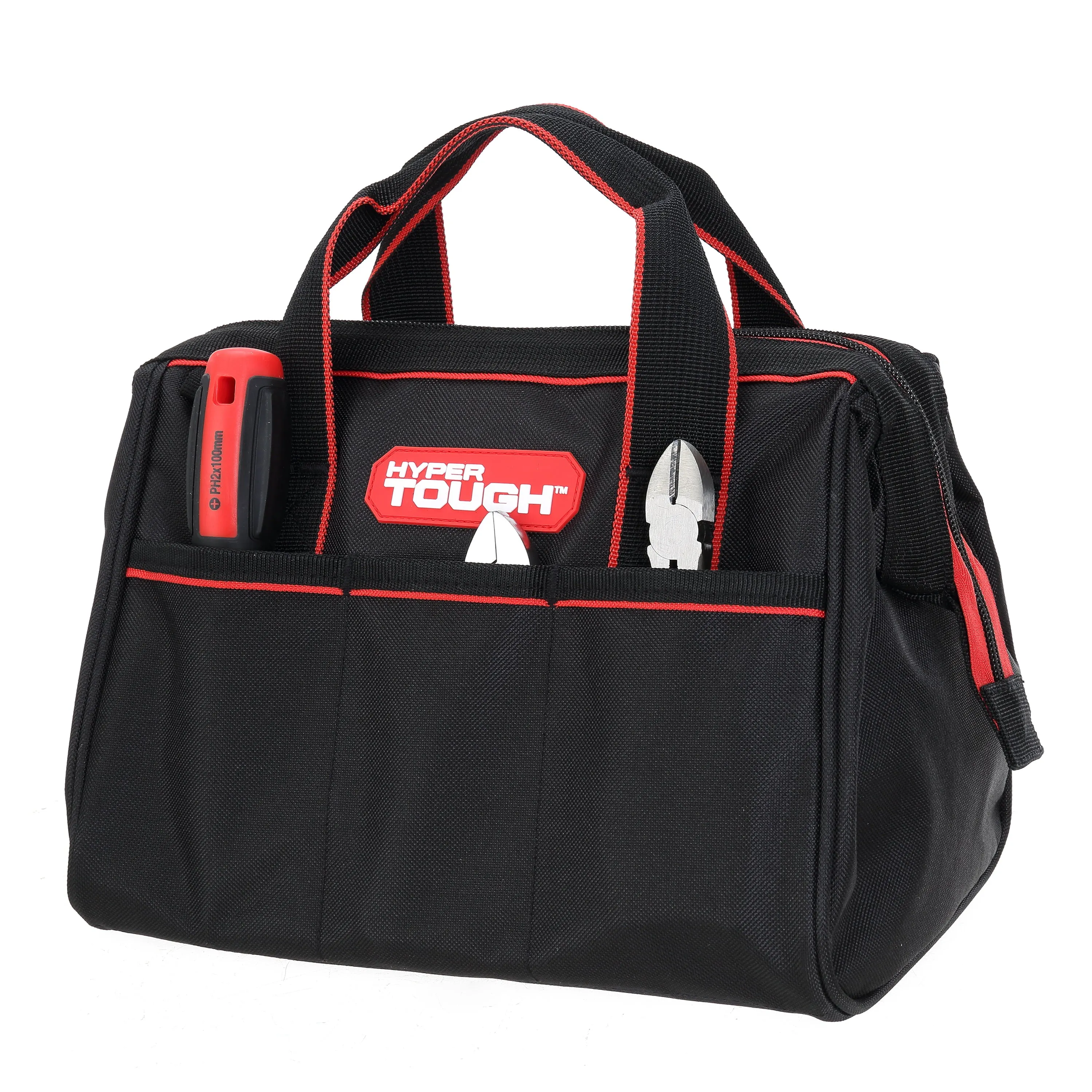Hyper Tough 12-Inch Polyester Tool Bag, with Full-Length Zipper and Double Strap