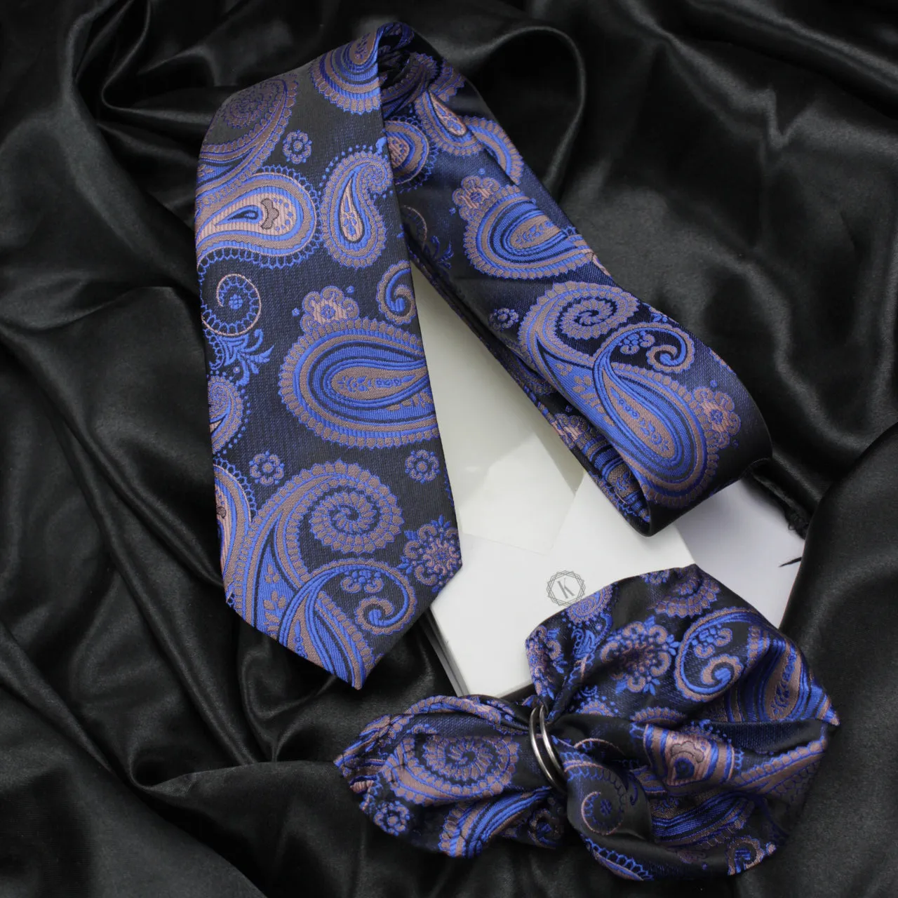 Kovove Blue Paisley Necktie and Pocket Square Gift Box