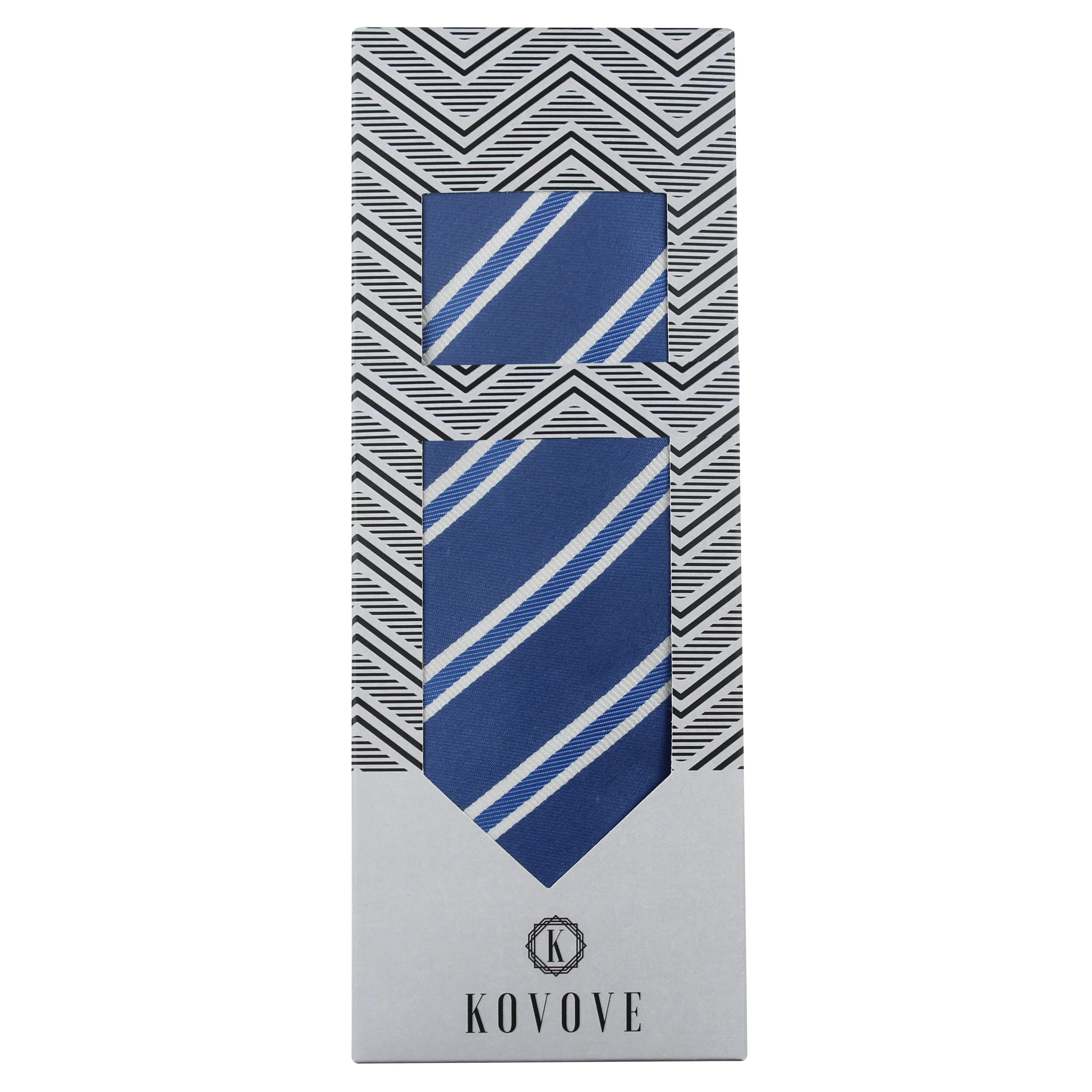 Kovove The Blue Ocean Striped Blue Necktie and Pocket Square Gift Box