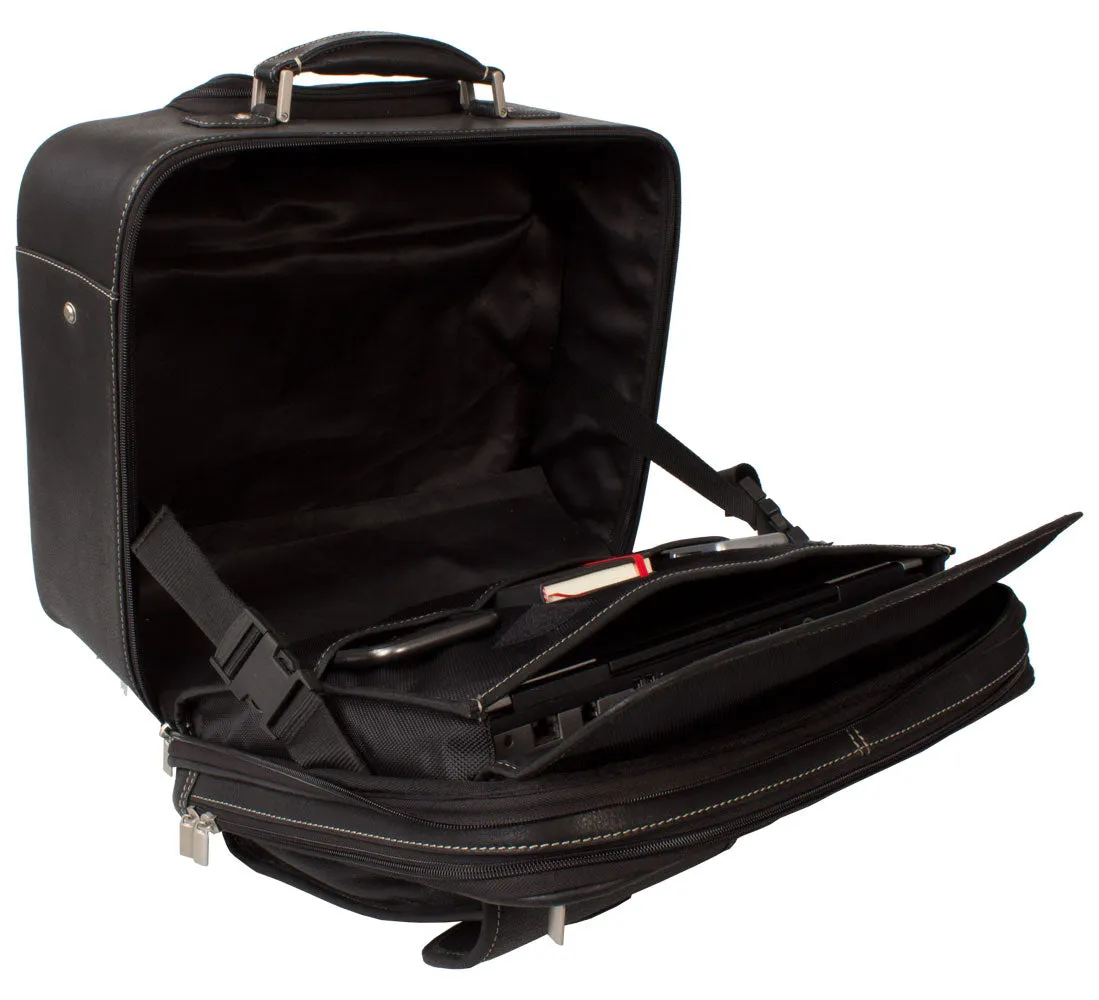 LEATHER TROLLEY CASE / WHEELED LAPTOP TRAVEL BUSINESS BAG IN BLACK