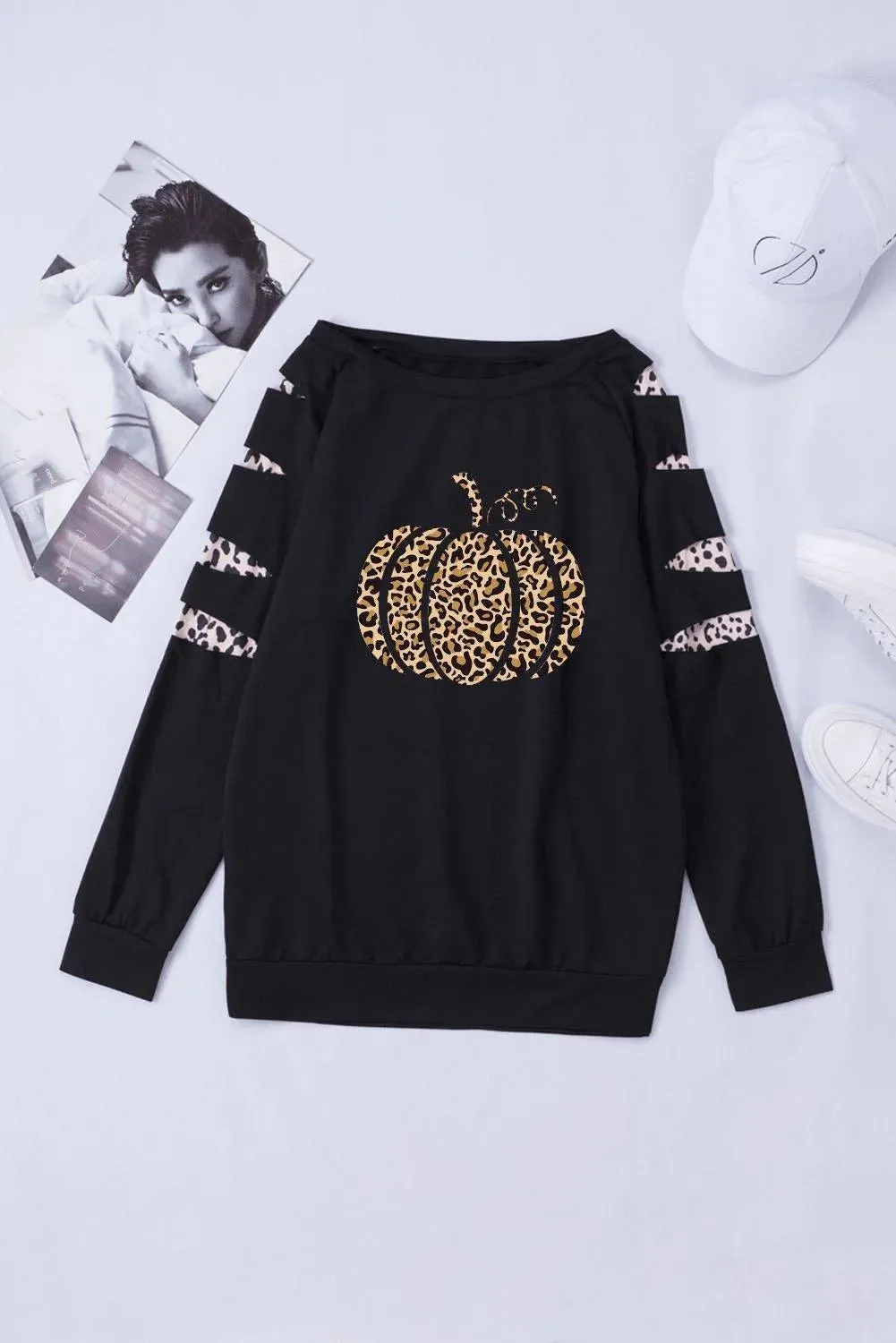 Leopard Pumpkin Print Cutout Long Sleeve Top