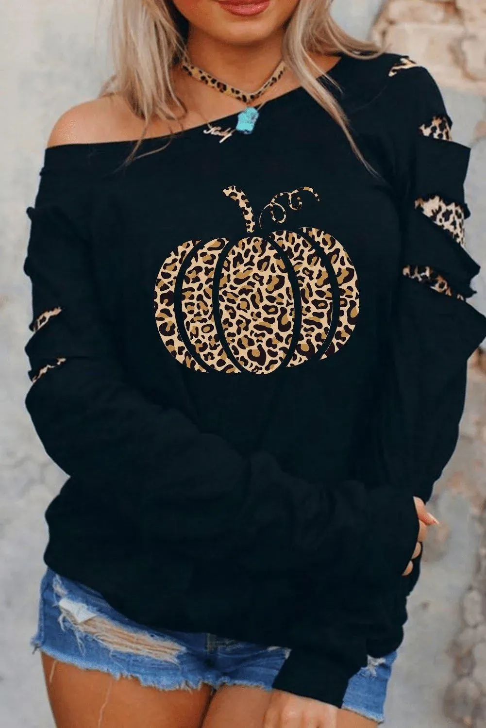 Leopard Pumpkin Print Cutout Long Sleeve Top