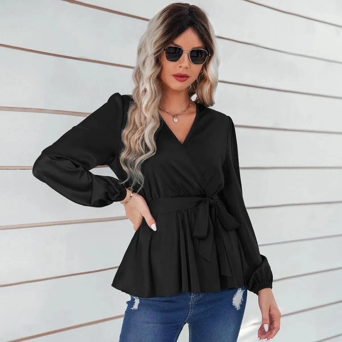 Long Puff Sleeve Tie Waist Top