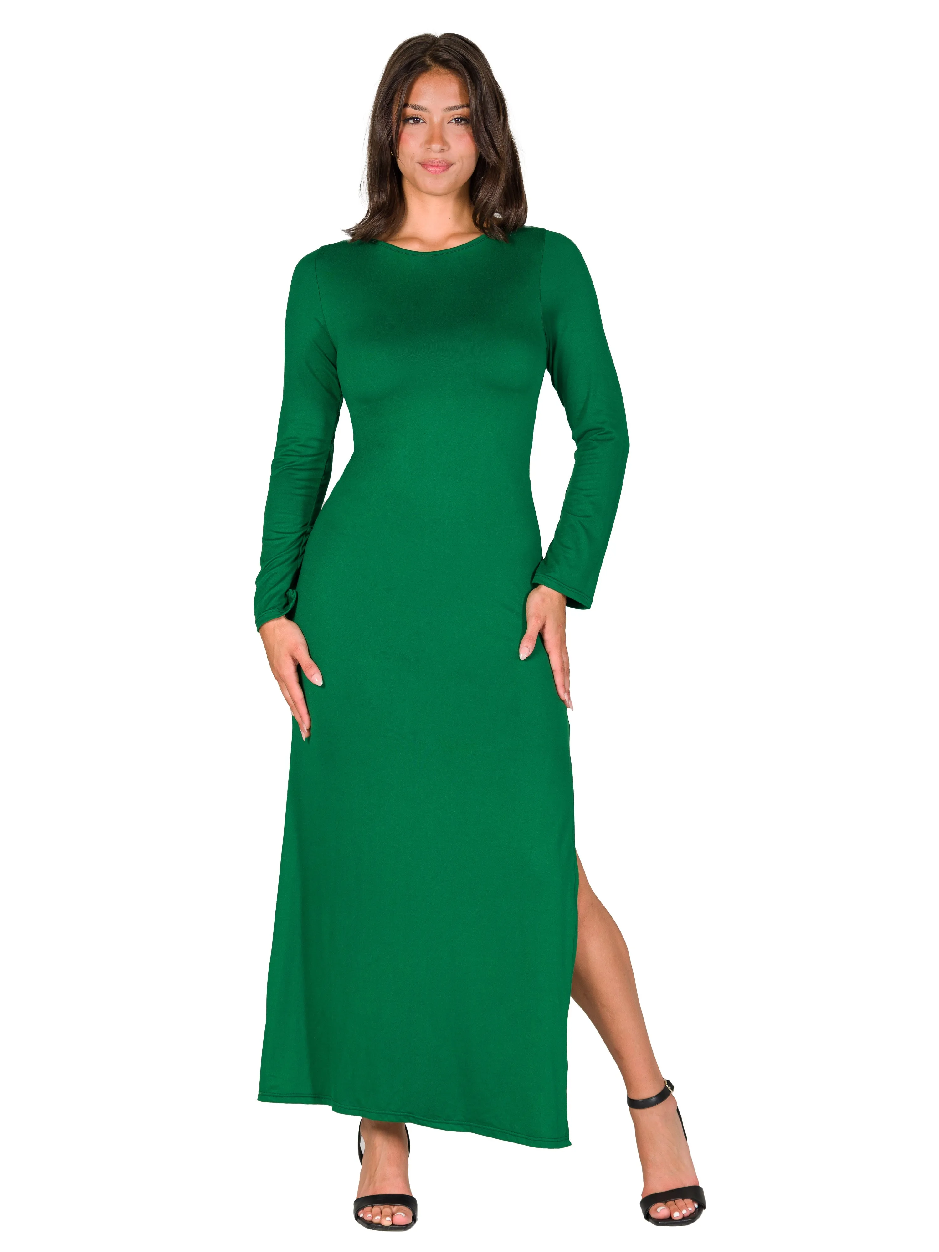 Long Sleeve Side Slit Fitted Maxi Dress