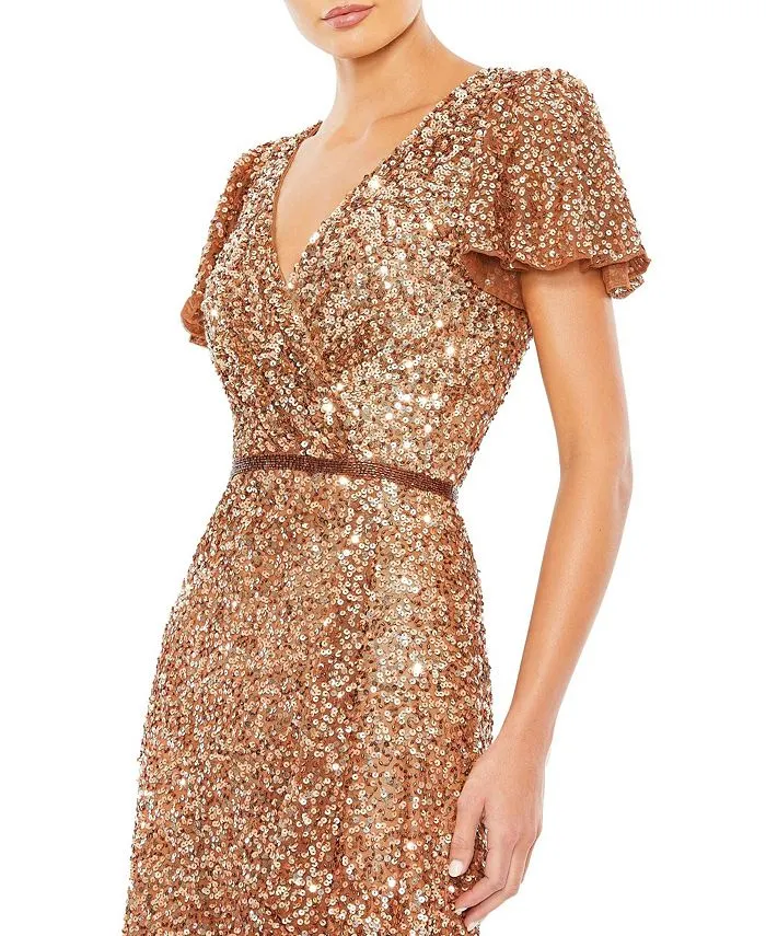 Mac Duggal Women's Sequin Draped Wrap Over Butterfly Sleeve Dress gold
